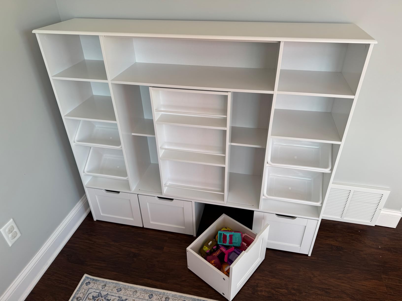 Toy Storage with Sliding Bookshelf, Toy Organizer with 4 Bins | 55.1'' W Large Toy Storage Organizer Kids Bookshelf with 4 Movable Drawers, Toy Bins Playroom Storage for Kid Room, White customer photo 1