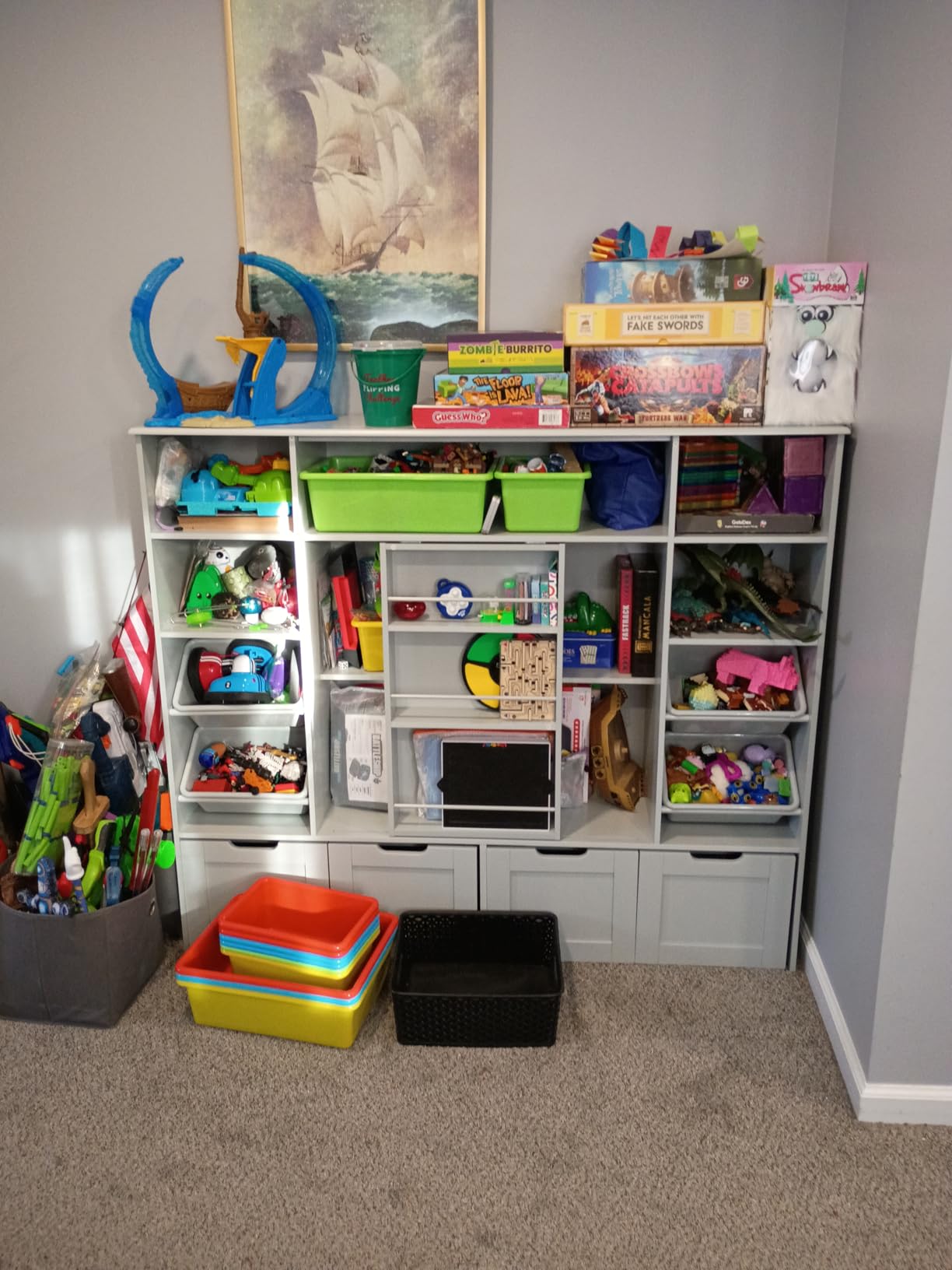 Toy Storage with Sliding Bookshelf, Toy Organizer with 4 Bins | 55.1'' W Large Toy Storage Organizer Kids Bookshelf with 4 Movable Drawers, Toy Bins Playroom Storage for Kid Room, White customer photo 2