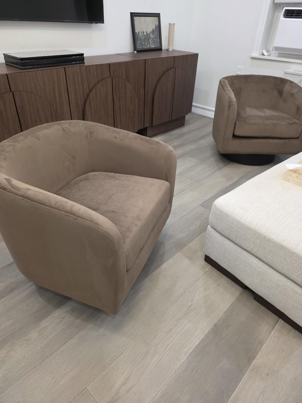 Swivel Barrel Accent Chair, Comfy Reading Armchair, Light Brown, Set of 2 | Club Chairs for Adults, Low-Back Design, Modern Round Style, Solid Wood Frame & Metal Swivel Base, For Living Room & Bedroom customer photo 1