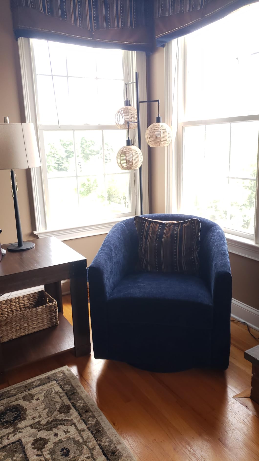 Zihanhome Chenille Swivel Accent Chair, Living Room Chairs, No Assembly Upholstered Armchair, 360°Rotating Barrel Chair for Bedroom, Apartment & Reading Nook (1, Dark Blue) customer photo 1