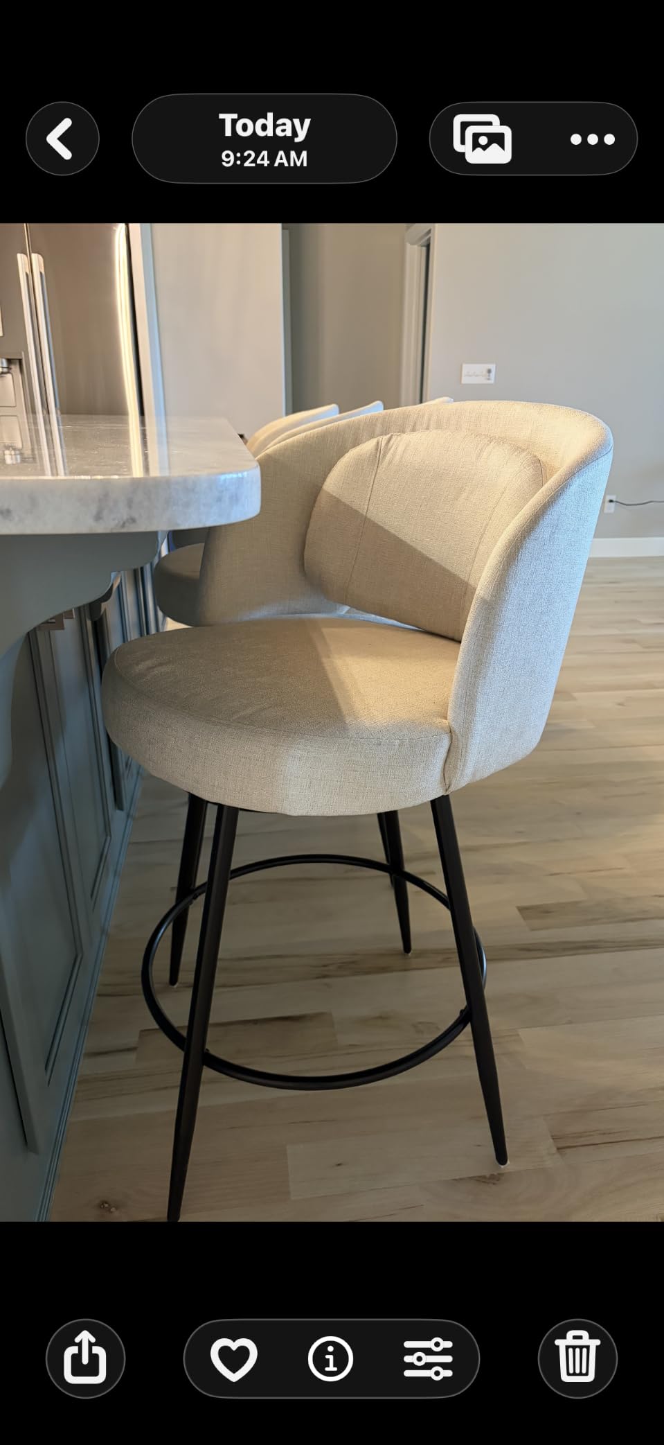 LUE BONA 26''H Swivel Bar Stools Set of 3, Counter Height Bar Stools with Backs, Lumbar Pillow and Black Metal Frames, Upholstered Modern Barstools for Kitchen Island, Linen Farbic, Linen Color customer photo 1
