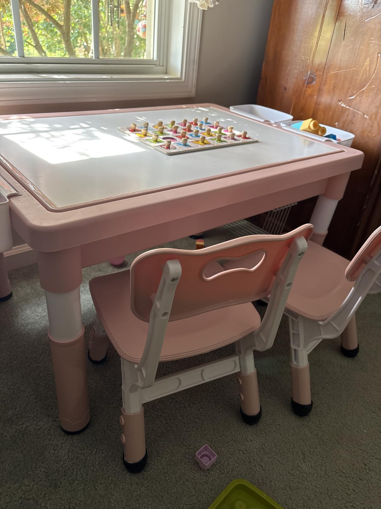 Kinder King Kids Table & 2 Chairs Set, Adjustable Heights, Storage, Khaki | Graffiti & Building Blocks Tabletop, Children Activity Table Toddler Furniture Set for Playroom, Daycare, Home, Age 3+ customer photo 2