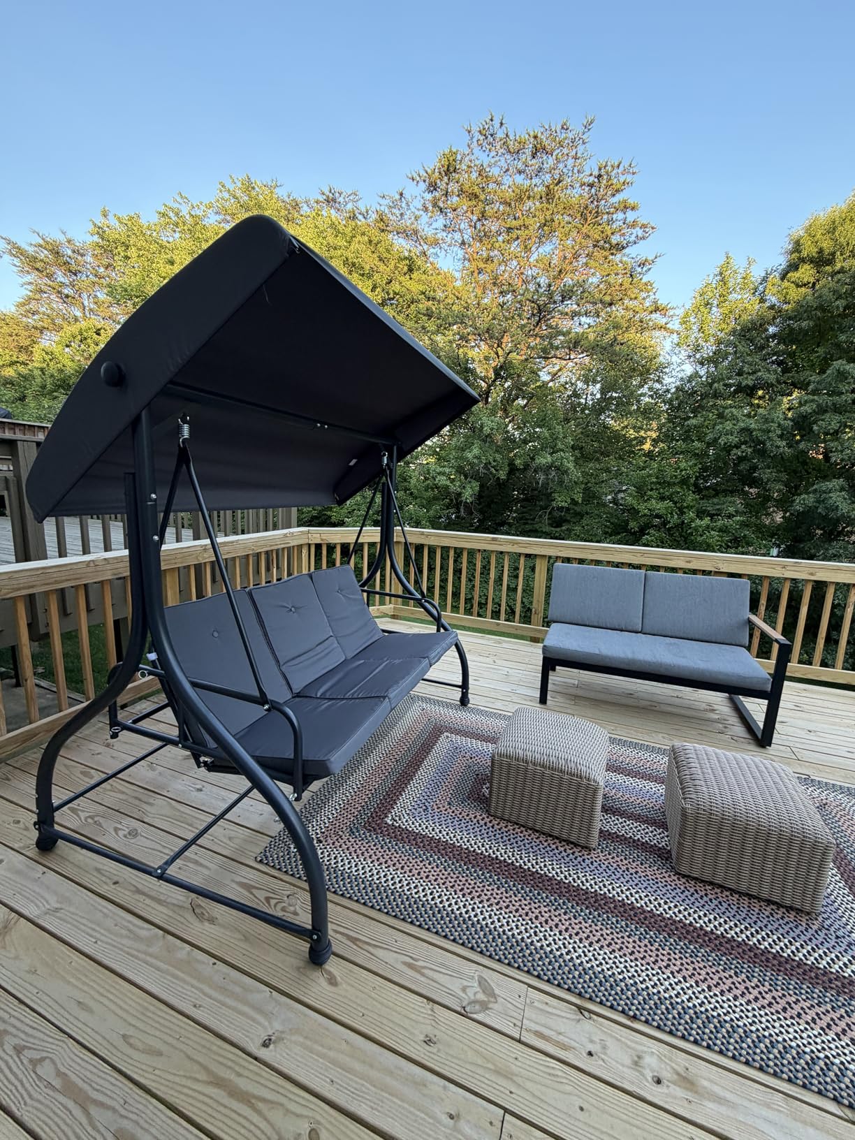 3-Seat Patio Swing Chair Outdoor Heavy Duty Steel Frame with Adjustable Canopy Removable Cushions - All Weather Porch Swings Glider for Backyard, Garden, Poolside - Blue customer photo 1