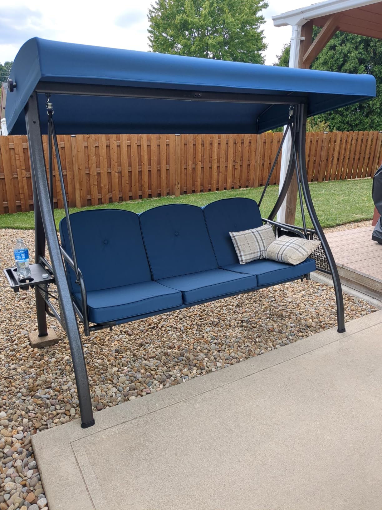 3 Seat Outdoor Patio Porch Swing with Stand and Adjustable Canopy | 3 in 1 Chair Swing Bed, 180° Recline, Heavy Duty, Removable Waterproof Cushions, Pillows, Cup Holders, Yard Swing Bench customer photo 1