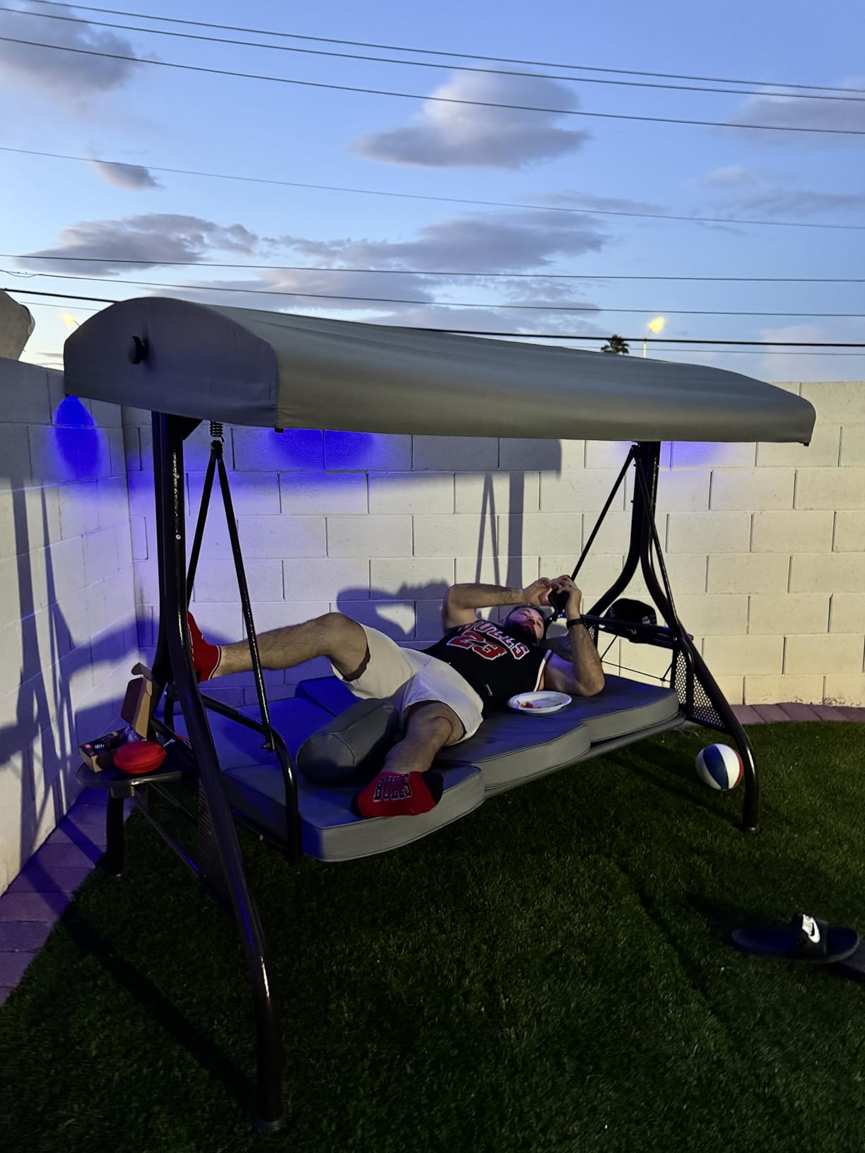 3-Seat Outdoor Porch Swing with Adjustable Canopy, 2 in 1 Convertible Patio Swing Bed, Patio Glider Swing for Adult, with Cup Holder and Pillow for Backyard, Burgundy Red customer photo 2