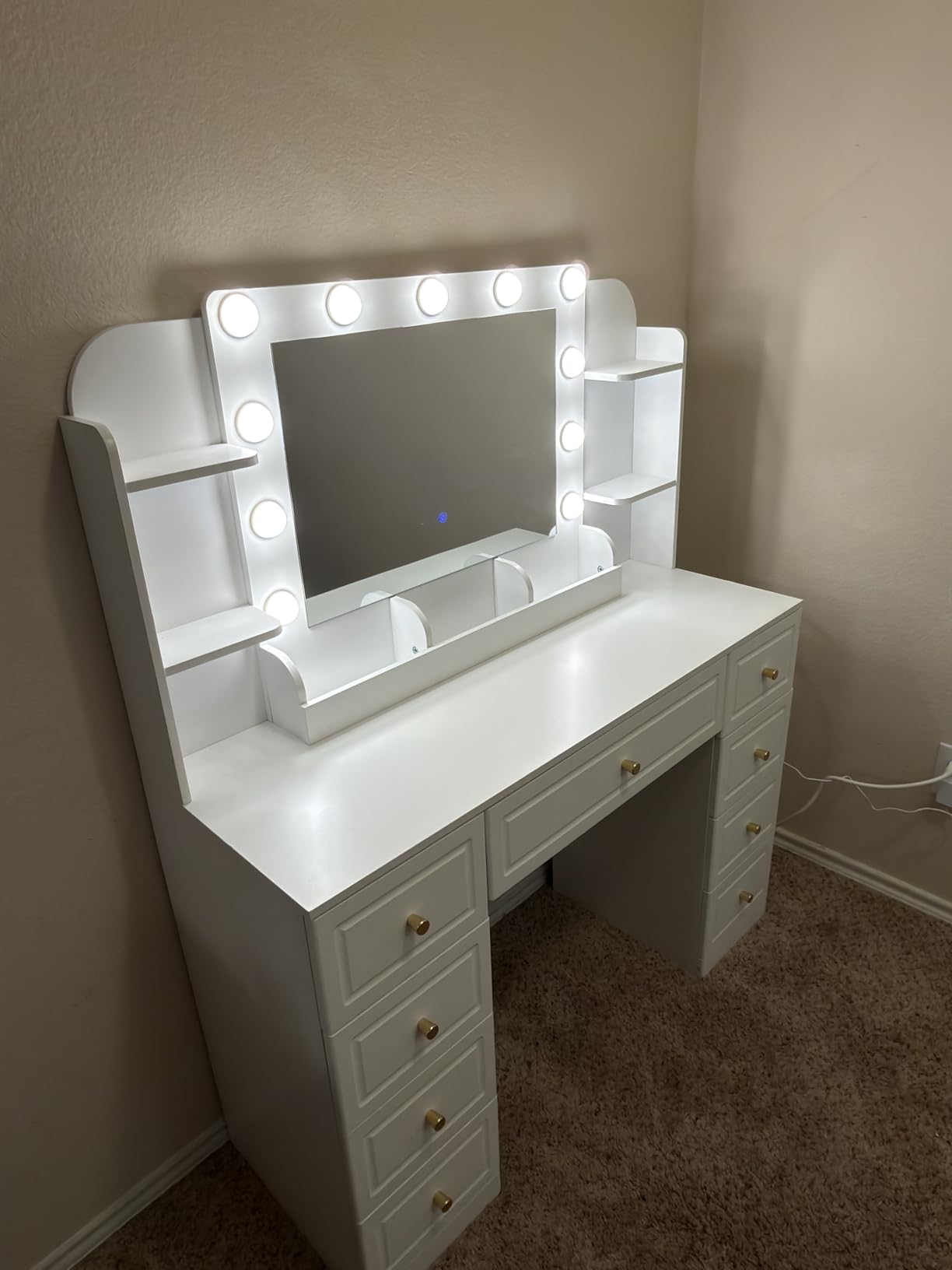 Vanity Desk with LED Light Mirror Makeup Vanity with 9 Drawers, White | Modern Luxury Dressing Table for Bedroom, 3 Color Modes Adjustable Brightness customer photo 1
