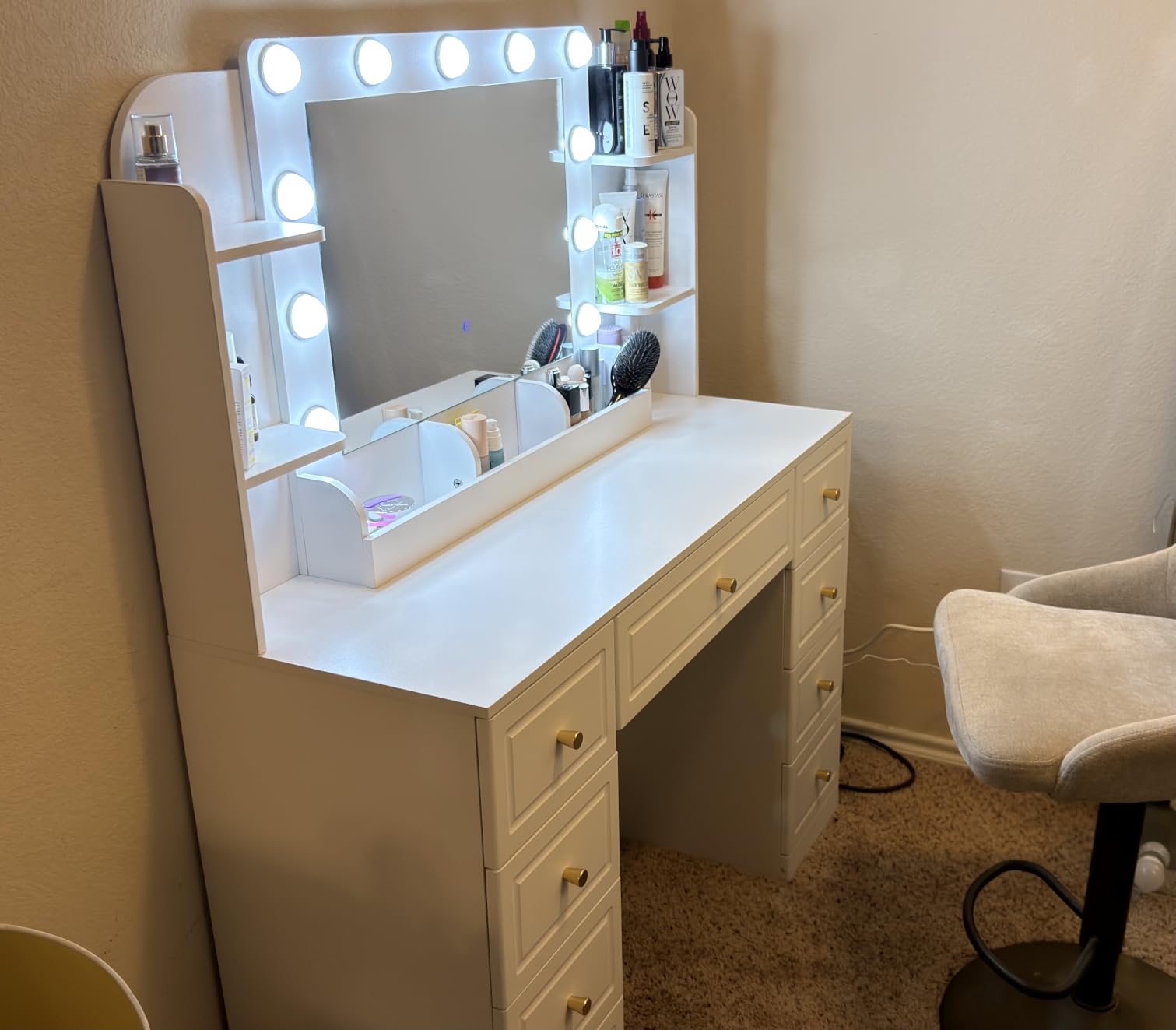 Vanity Desk with LED Light Mirror Makeup Vanity with 9 Drawers, White | Modern Luxury Dressing Table for Bedroom, 3 Color Modes Adjustable Brightness customer photo 2