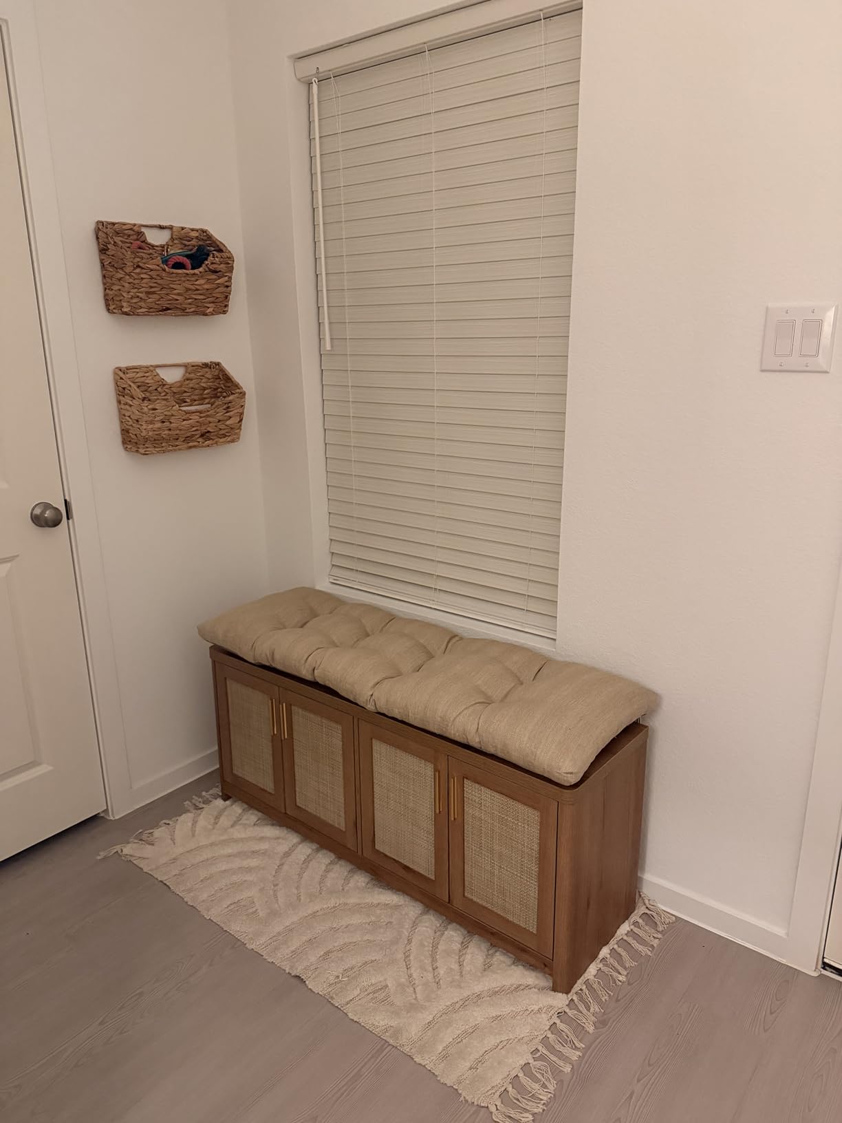 VASAGLE ELLAN Collection - Boho Shoe Bench with Cushion, Entryway Storage Bench with 2 Rattan-Look Cabinet Doors, Rounded Corners, Adjustable Shelf, for Bedroom Under Window, Natural Brown ULSB501KC01 customer photo 1