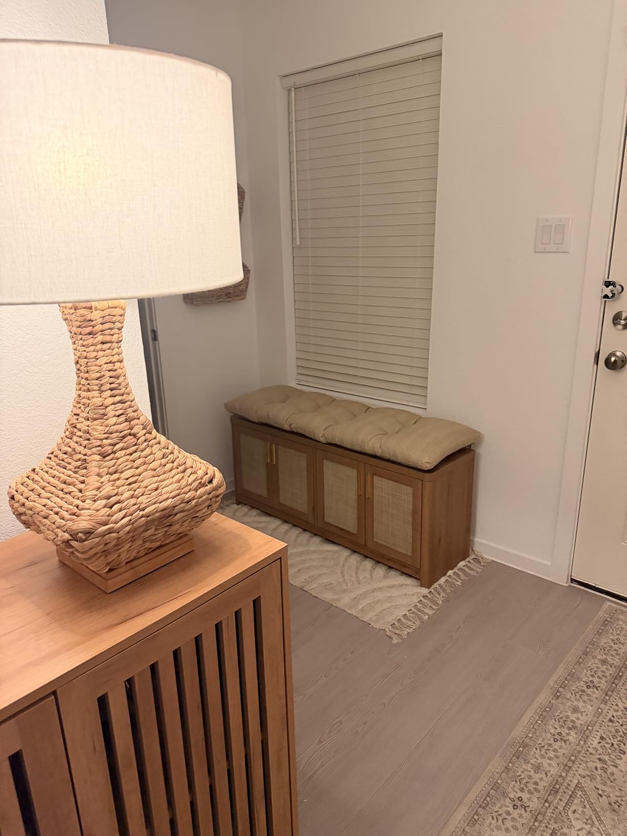 VASAGLE ELLAN Collection - Boho Shoe Bench with Cushion, Entryway Storage Bench with 2 Rattan-Look Cabinet Doors, Rounded Corners, Adjustable Shelf, for Bedroom Under Window, Natural Brown ULSB501KC01 customer photo 2
