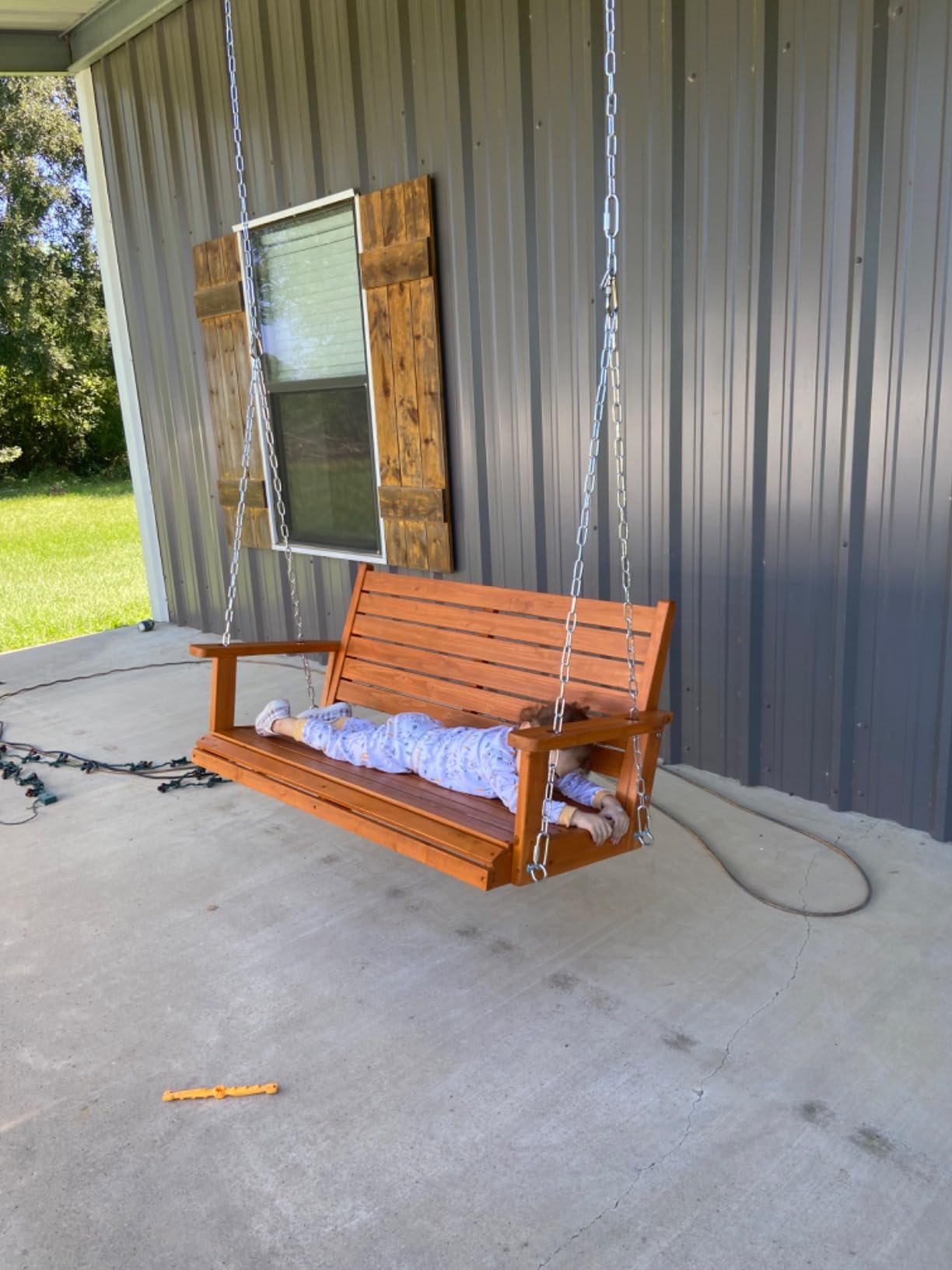 Wooden Porch Swing, Ergonomic Seat, Bench Swing with Hanging Chains and 7mm Springs, Heavy Duty 800 LBS, for Outdoor Patio Garden Yard (Brown, 3-Seater Extra Large) customer photo 2