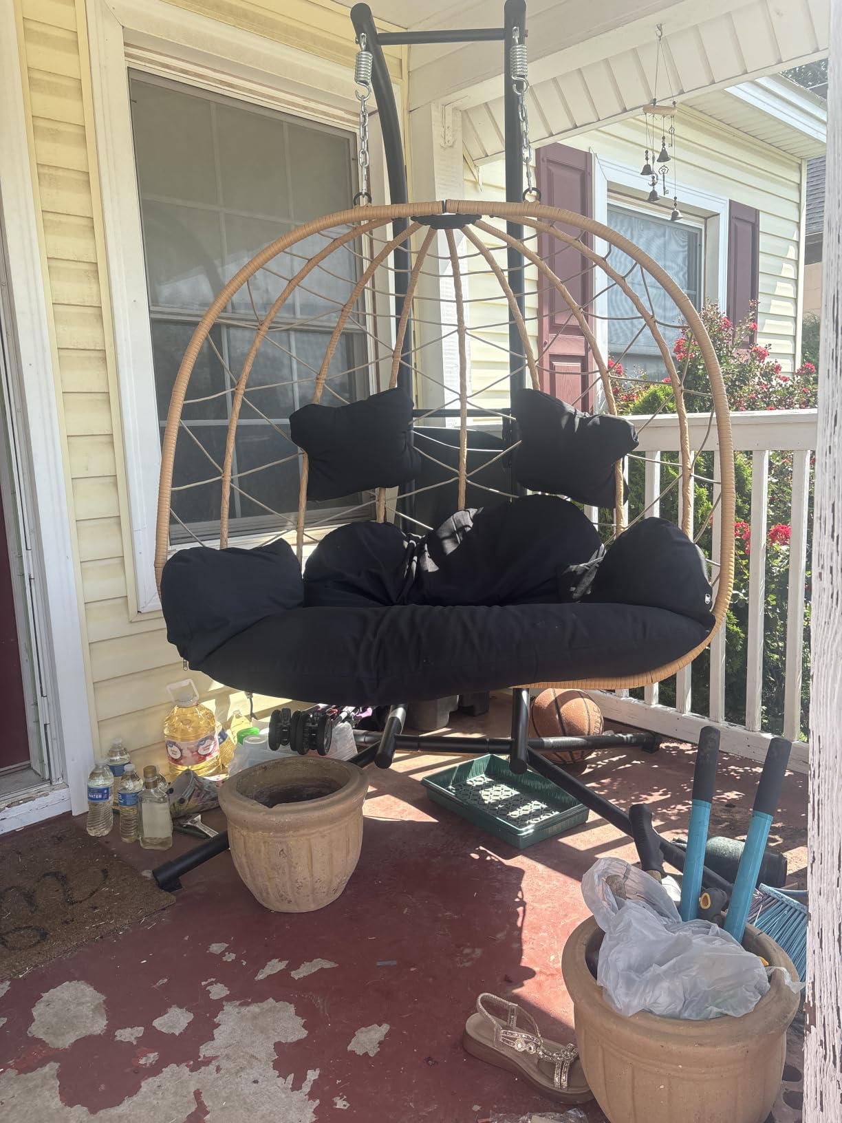 Bifanuo Double Hanging Egg Chair with Stand, Outdoor Indoor Swing Chair with Removable Cushion for 2 Person, Heavy Duty 700LBS Capacity for Patio, Bedroom, Garden (Black-Beige) customer photo 1