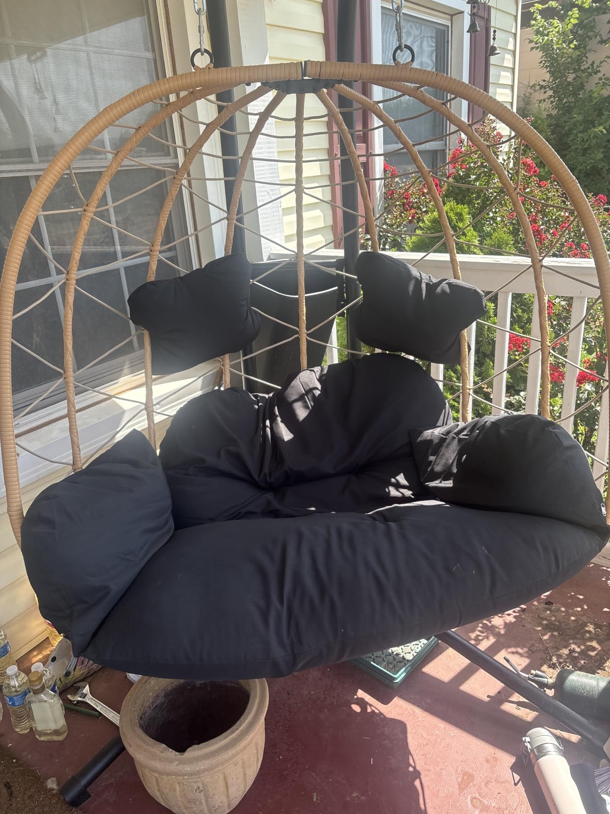 Bifanuo Double Hanging Egg Chair with Stand, Outdoor Indoor Swing Chair with Removable Cushion for 2 Person, Heavy Duty 700LBS Capacity for Patio, Bedroom, Garden (Black-Beige) customer photo 2