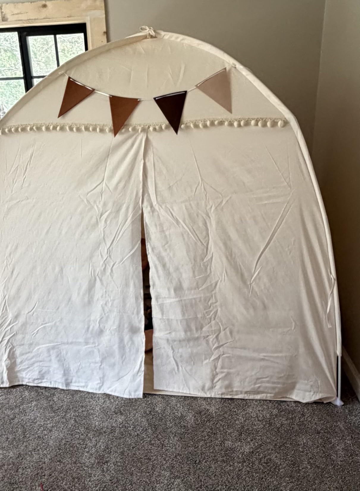 Extra Large Kids Play Tent with Star Lights & Flags, 2-Window Cone Wave Teepee for Boys & Girls, Portable Foldable Indoor Outdoor Dome Playhouse, 59.1x39.4x59.1 in, Cream customer photo 1