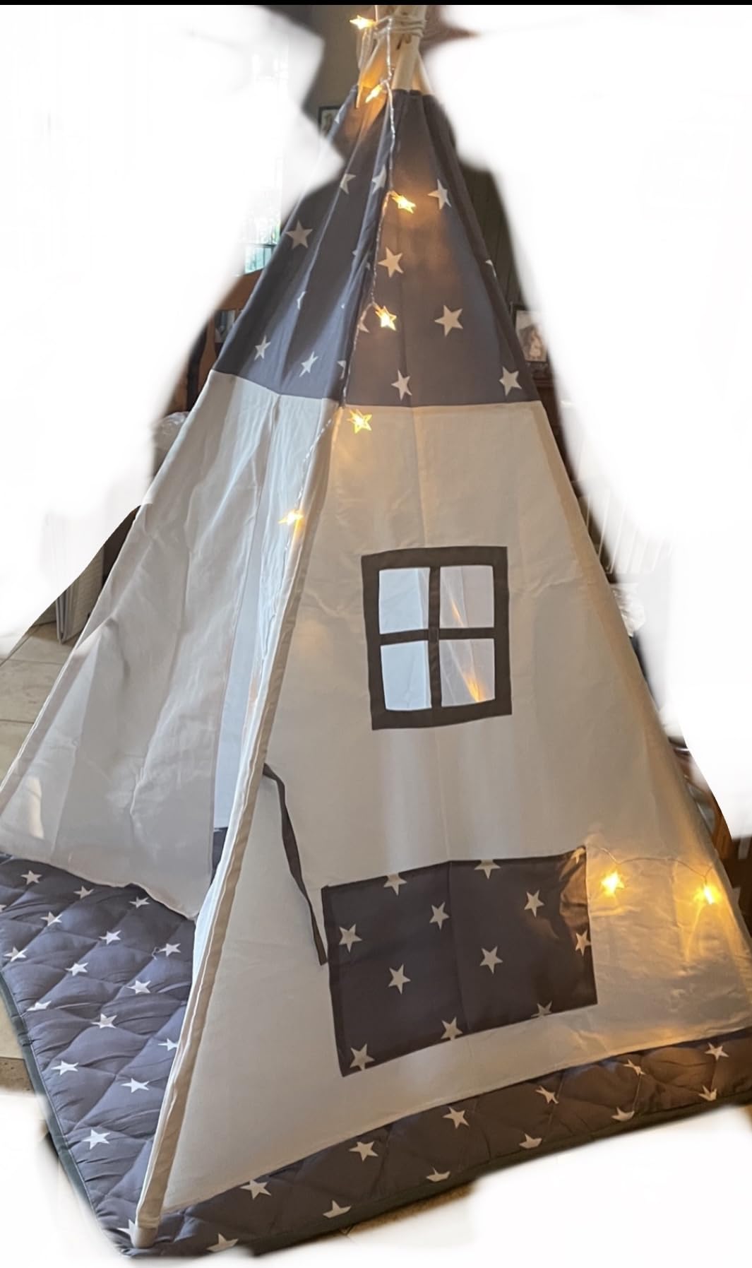 RONGFA Teepee Tent for Kids, 100% Cotton Play Tent with Mat, Kids Teepee Tent with Colored Flag, Quality Portable Play Tent with Carry Bag for Girls and Boys Indoor Outdoor (Beige Blue with Mat) customer photo 1