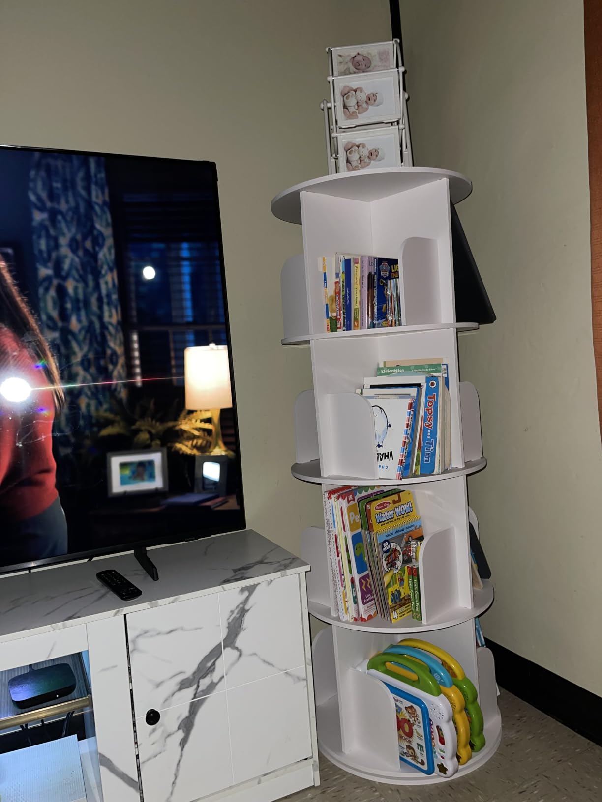 DUMOS 3 Tier Rotating Bookshelf Tower, 360 Degree Display Revolving Bookcase, White customer photo 1