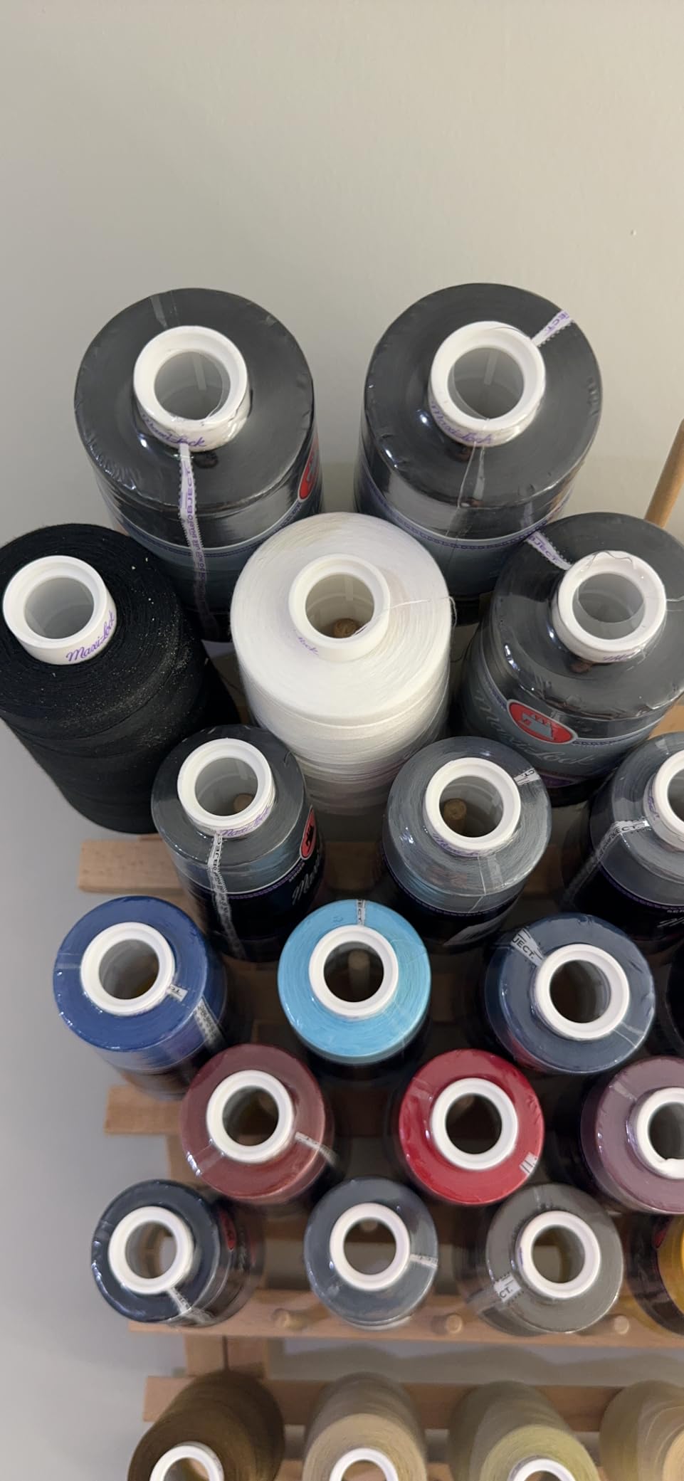 Threadart 120 Spool Cone Wood Thread Rack, Freestanding or Wall, Storage | Hardwood thread rack stores embroidery, sewing and serger thread spools. Keeps colors visible, organized and easy to reach. customer photo 1