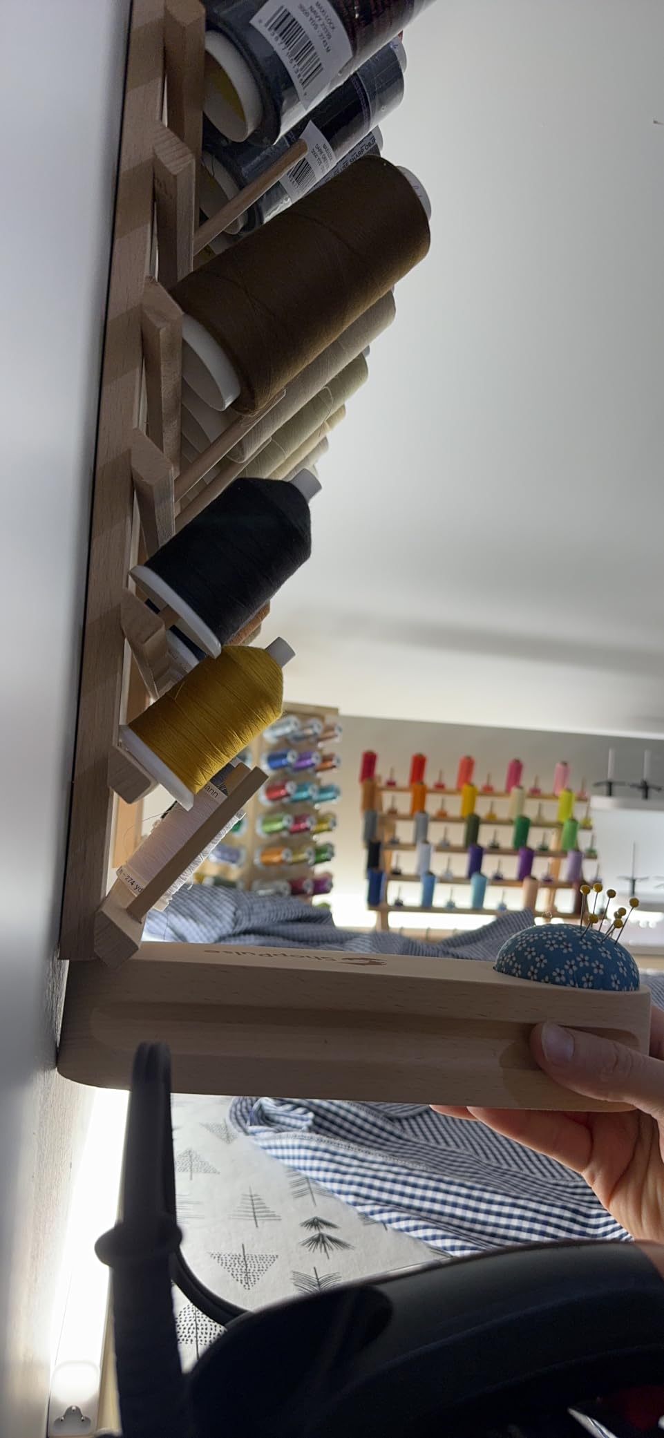 Threadart 120 Spool Cone Wood Thread Rack, Freestanding or Wall, Storage | Hardwood thread rack stores embroidery, sewing and serger thread spools. Keeps colors visible, organized and easy to reach. customer photo 2