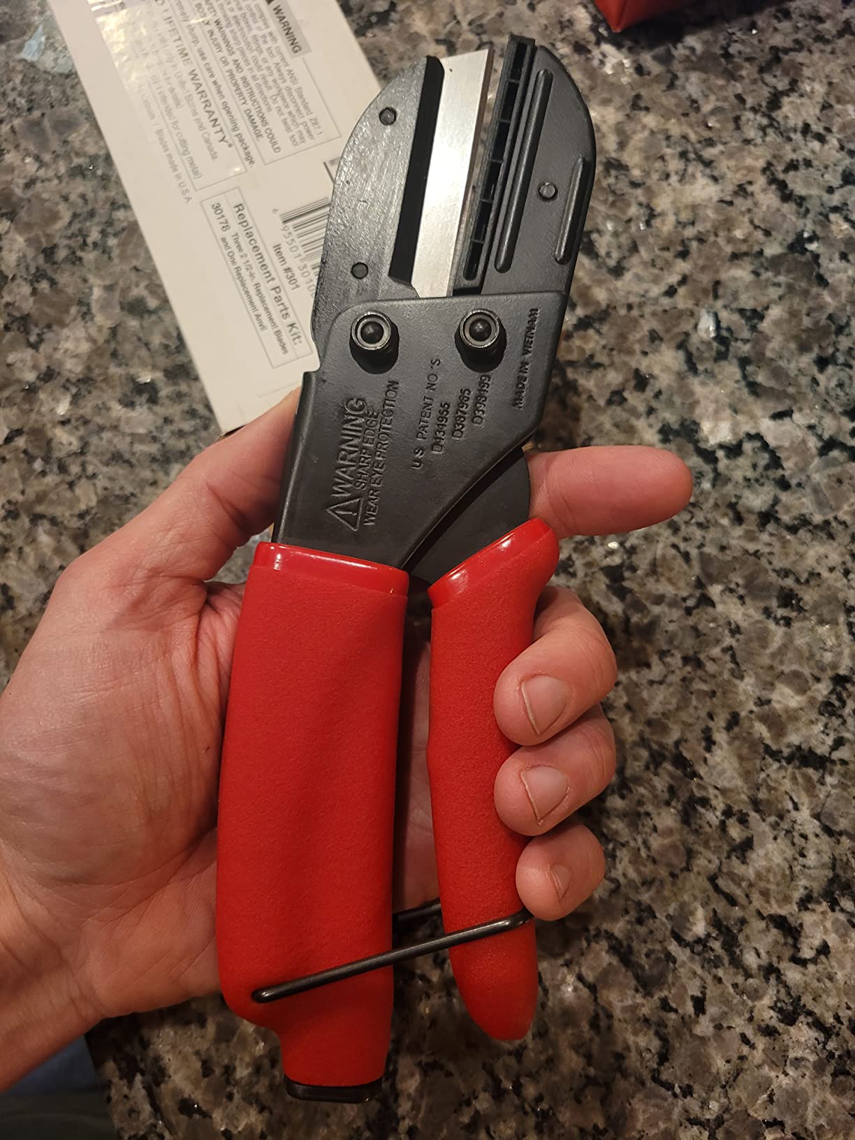 Multi-Cut Industrial Cutter, Heavy Duty Blade for Plastic, Rubber, Vinyl | Blade-to-anvil action cuts plastic, vinyl, rubber, wood and leather. Steel blades, safety lock, 3 spares. customer photo 1