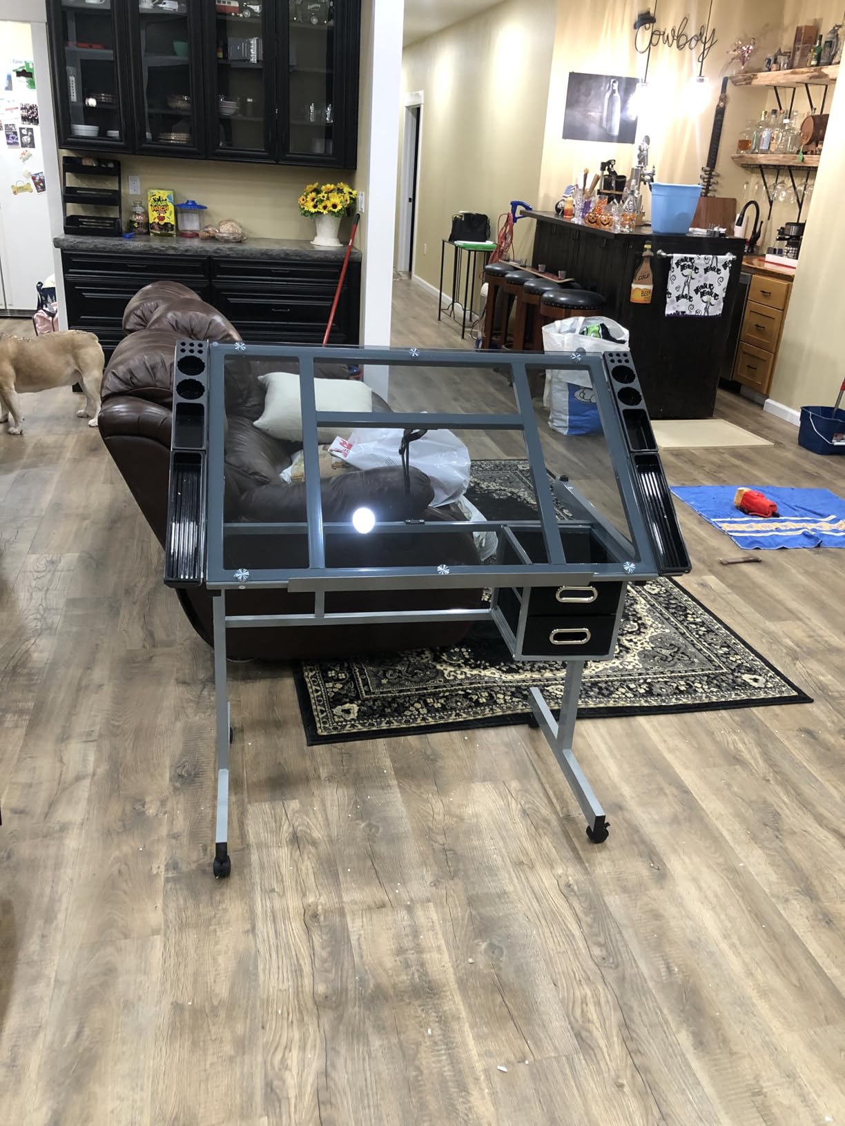 Yaheetech Glass Drafting Table with Storage, Adjustable Art Drawing Desk - Tempered glass top tilts 0-60° customer photo 1
