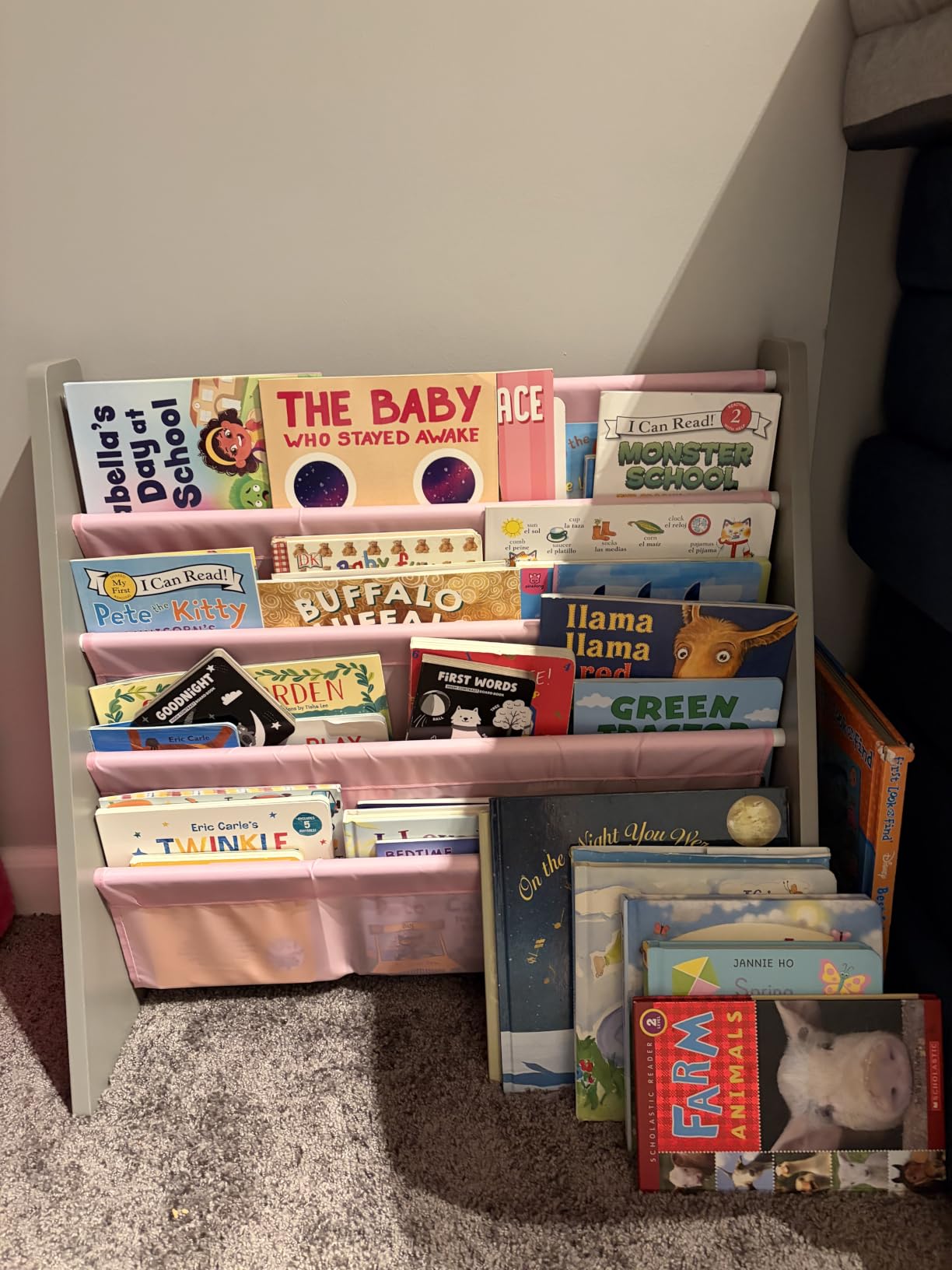Humble Crew Kids Bookshelf, Montessori Front Facing Toddler Bookcase 4 Tier | Book display rack and reading nook organizer, nylon pockets show covers face out, compact for any playroom or bedroom space customer photo 2