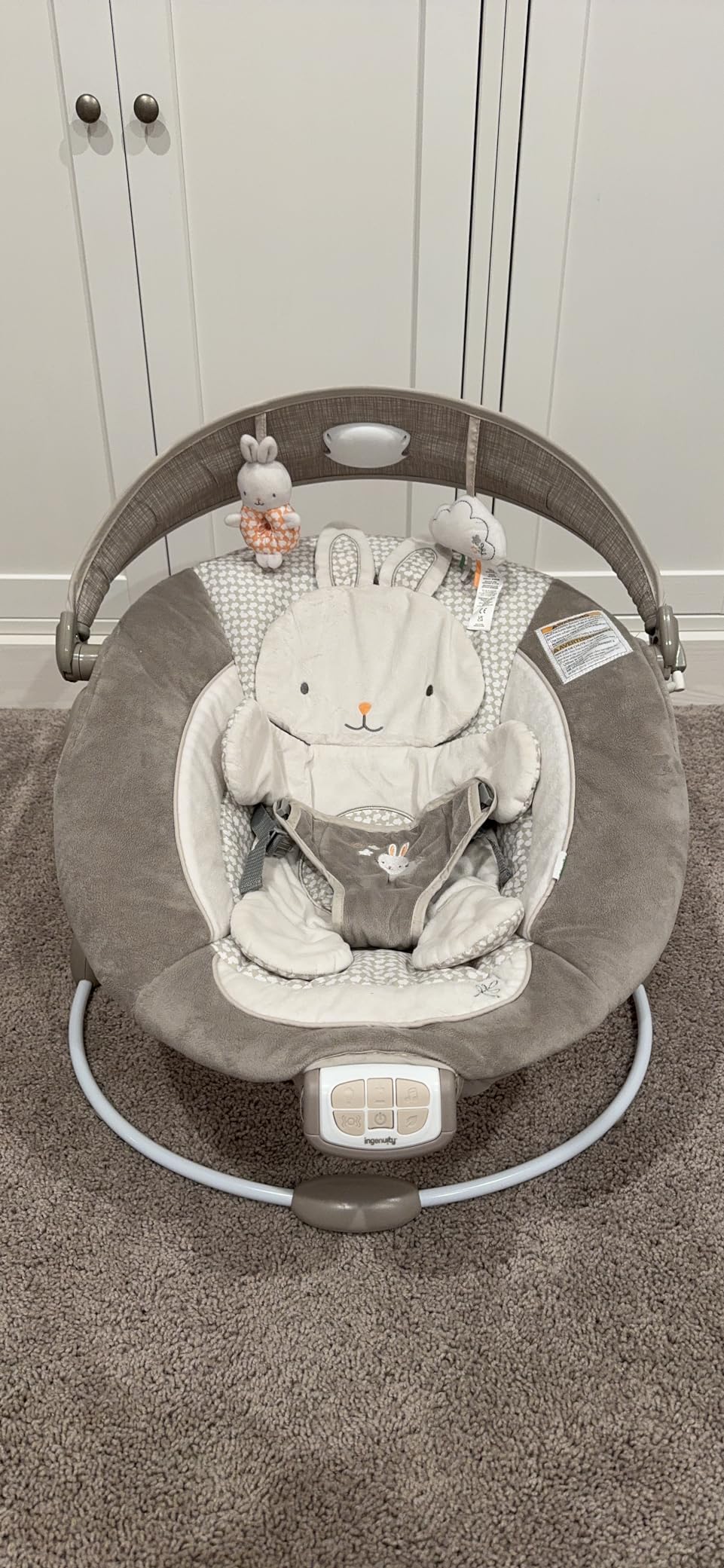 Ingenuity InLighten Baby Bouncer Infant Seat with Light Up Toy Bar, Vibrations, Tummy Time Pillow & Sounds, 0-6 Months Up to 20 lbs (Twinkle Tails Bunny) customer photo 1
