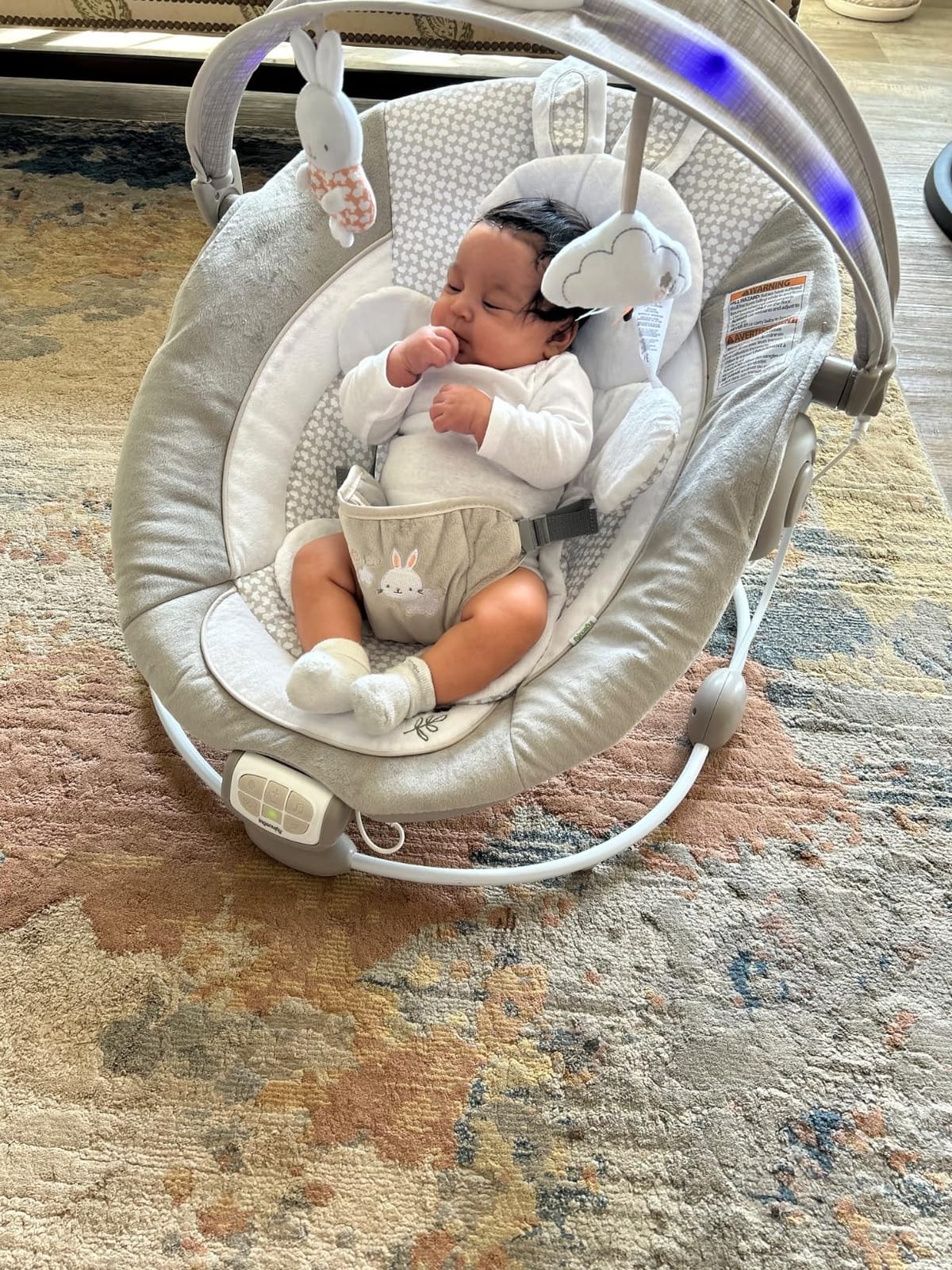 Ingenuity InLighten Baby Bouncer Infant Seat with Light Up Toy Bar, Vibrations, Tummy Time Pillow & Sounds, 0-6 Months Up to 20 lbs (Twinkle Tails Bunny) customer photo 2