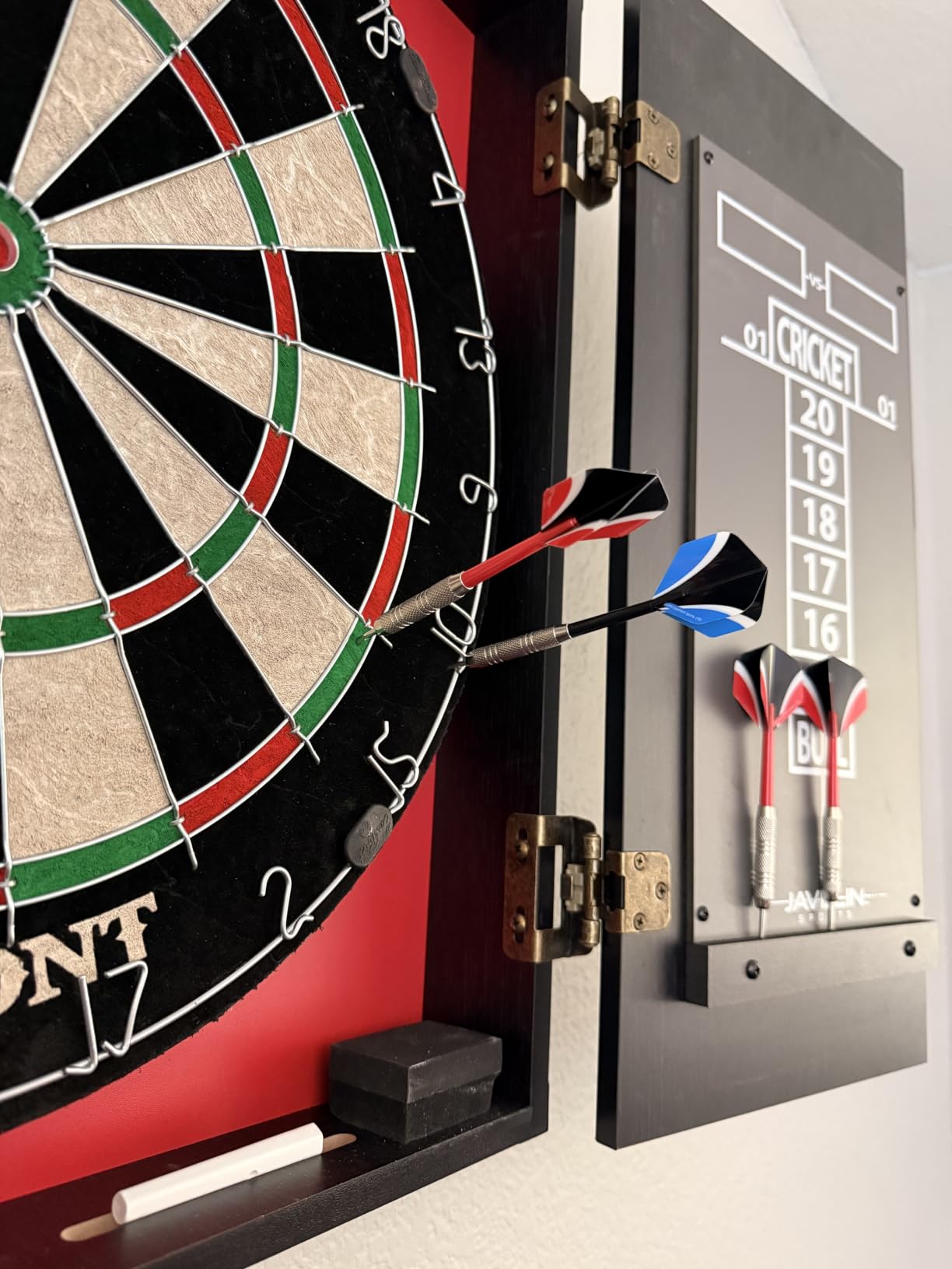 EastPoint Belmont Dart Board Cabinet, 6 Steel Tip Darts, Game Room Decor | Official Size, Self-Healing Sisal, Staple-Free Bullseye, Built-In Scoring & Storage customer photo 1