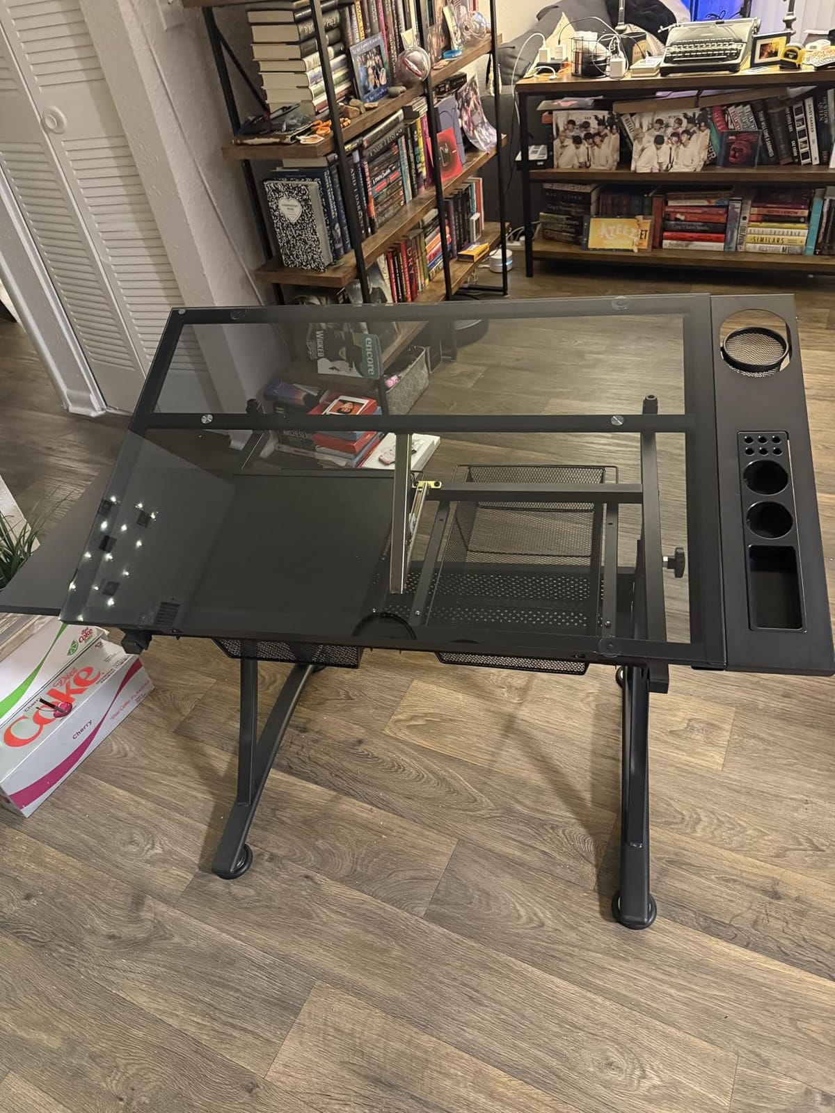 Yaheetech Adjustable Drafting Table & Stool, Tilting Glass Art Desk, Black | Tempered glass top tilts 0-40 degrees for drawing or tracing on a sturdy iron frame, with 2 mesh drawers for craft supplies. customer photo 1