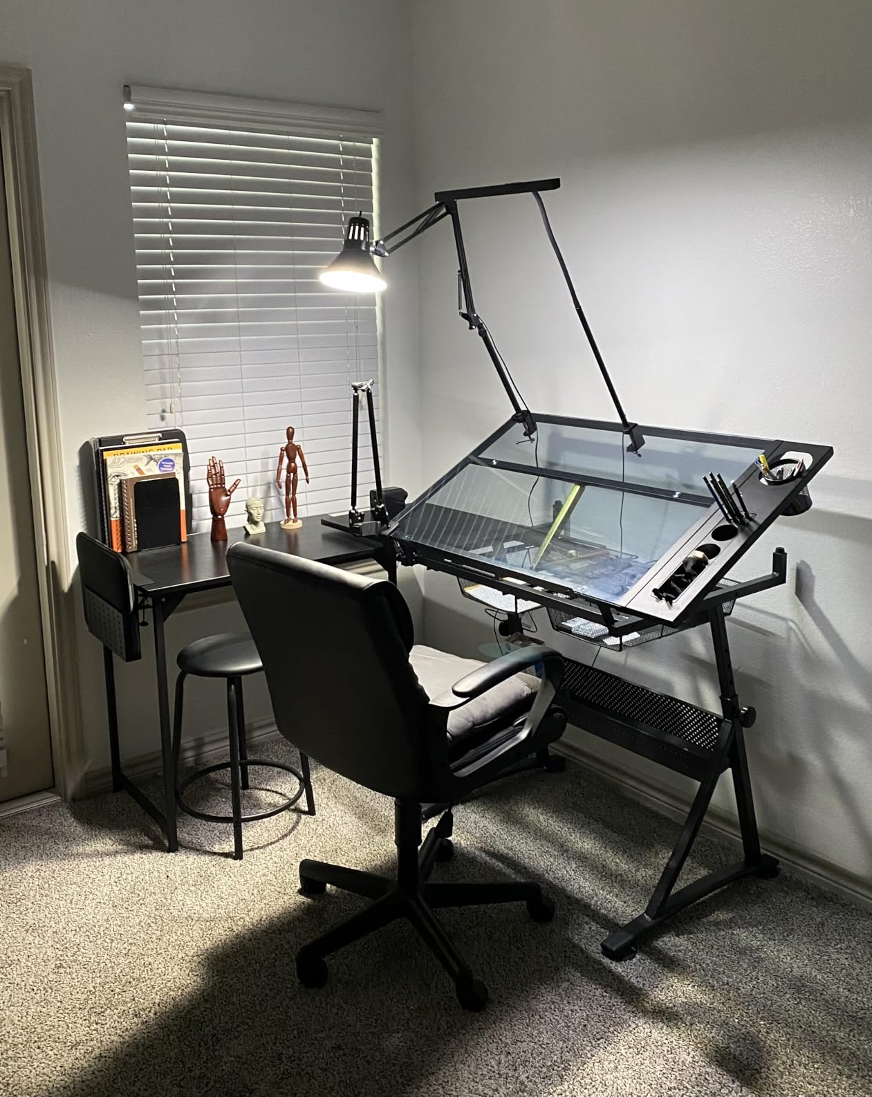 Yaheetech Adjustable Drafting Table & Stool, Tilting Glass Art Desk, Black | Tempered glass top tilts 0-40 degrees for drawing or tracing on a sturdy iron frame, with 2 mesh drawers for craft supplies. customer photo 2