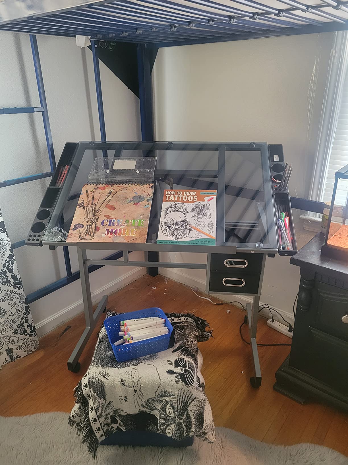 JupiterForce Adjustable Drafting Table Art Desk Drawing Table Versatile Art Craft Work Station Glass Tabletop w/2 Slide Drawers and Wheels customer photo 1