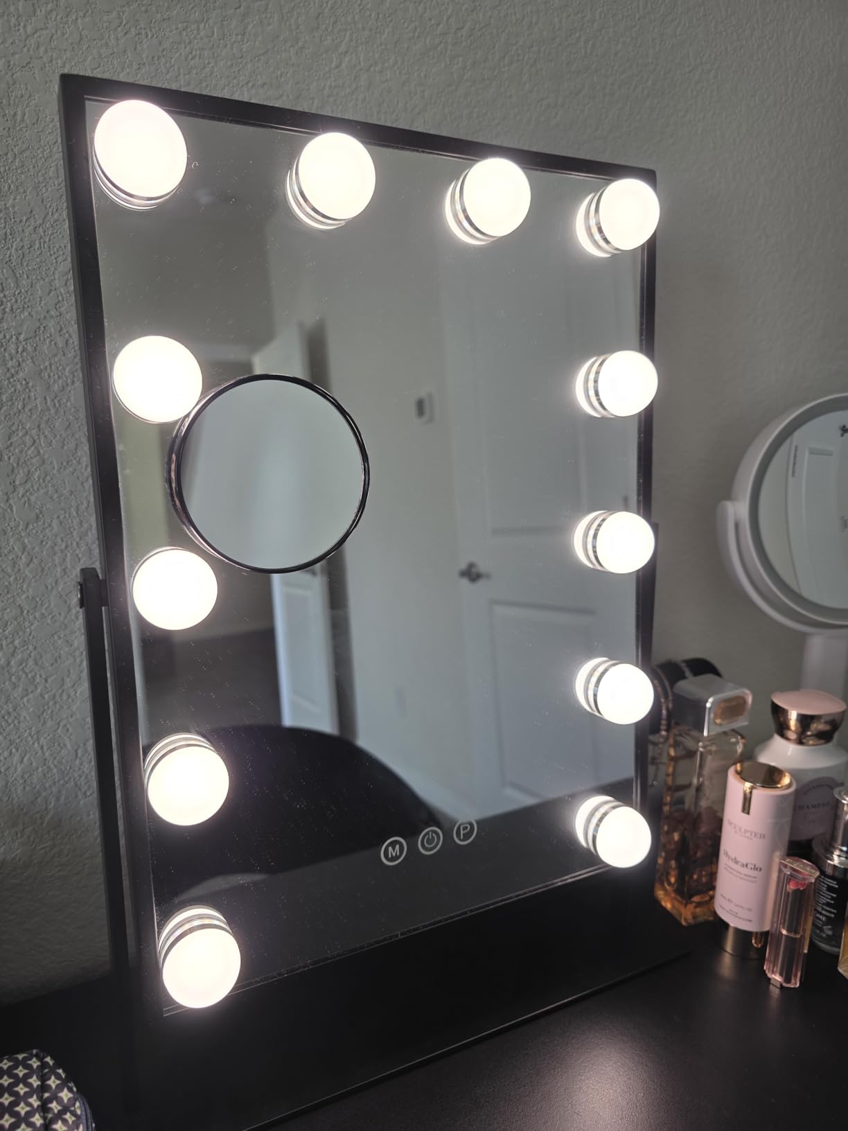 FENCHILIN Vanity Mirror with Lights, 19''x12'' Makeup Hollywood Mirror for Desk with 12 Bulbs Light Smart Touch Control 3 Colors Dimmable Detachable 10X Magnification Tabletop 360°Rotation customer photo 1