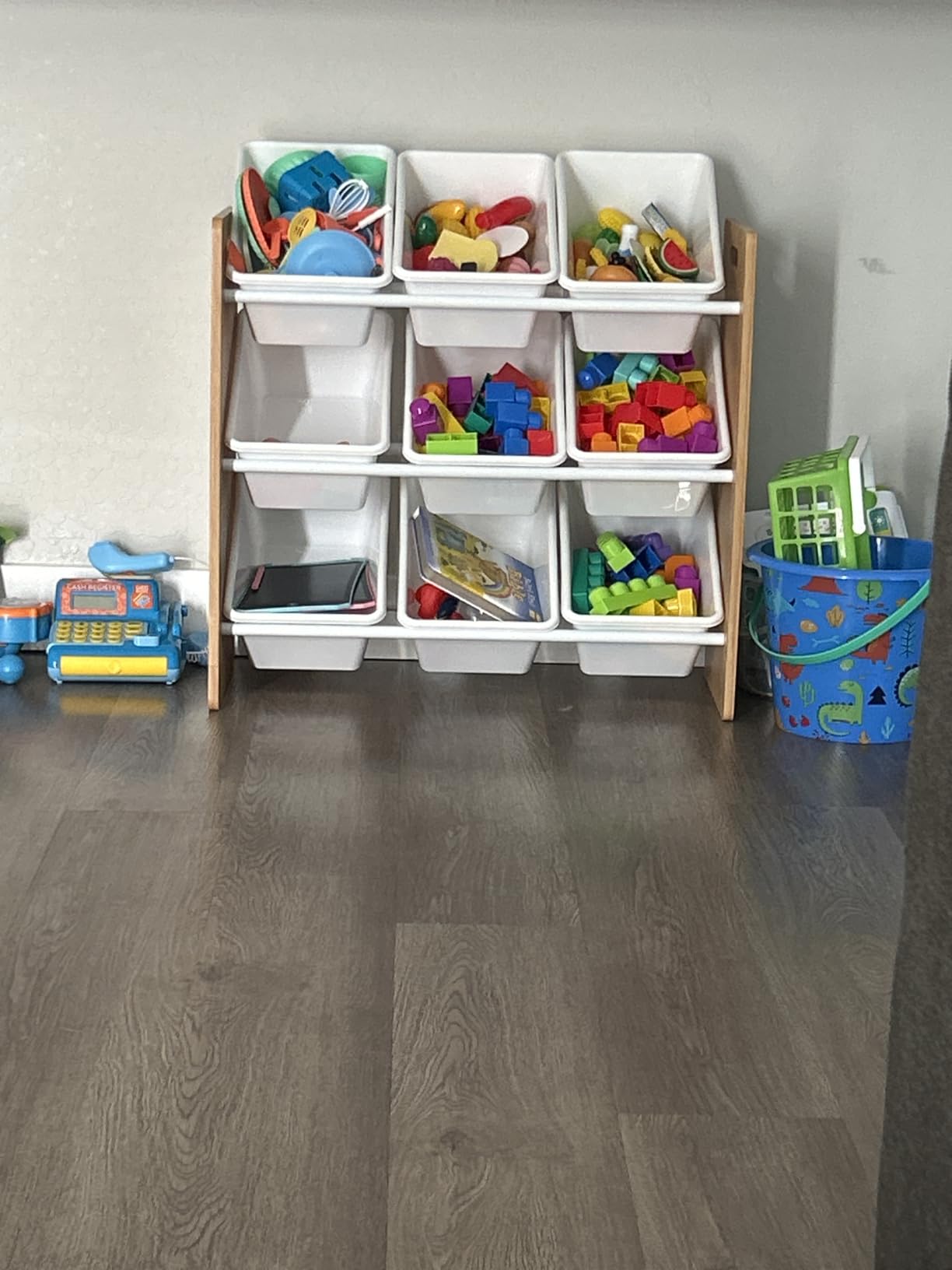 Humble Crew Kids Toy Organizer with 9 Bins, 3 Tier Storage for Playroom | Sturdy wood and steel toddler shelf, removable BPA-free containers, wall anchor anti-tip safety kit for bedroom or classroom customer photo 2