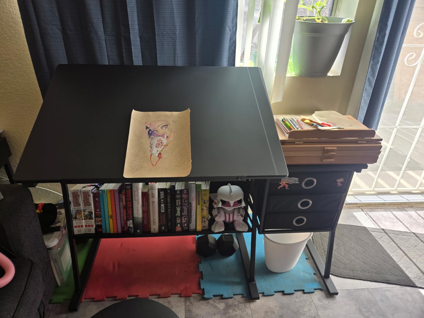 Yaheetech Tilting Drafting Table Art Craft Desk with Stool, Drawers, Black - Steel frame and MDF top adjusts 0-40° customer photo 2