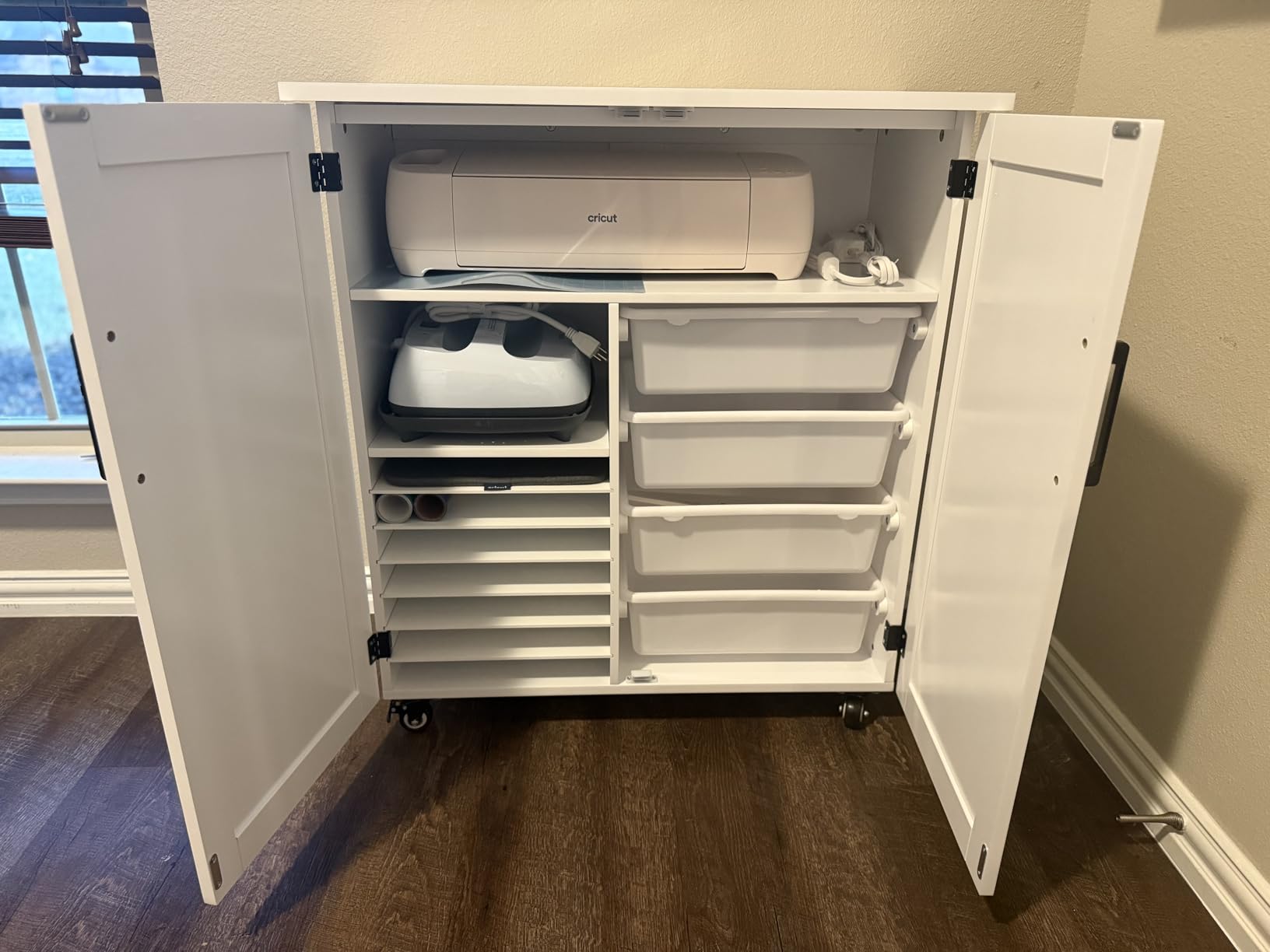 GDLF Craft Cart Compatible with Cricut, Rolling Storage Cabinet, Four plastic drawers, magnetic double doors and 3 hooks organize vinyl, 12 x 12 paper, cutting mats and accessories customer photo 1