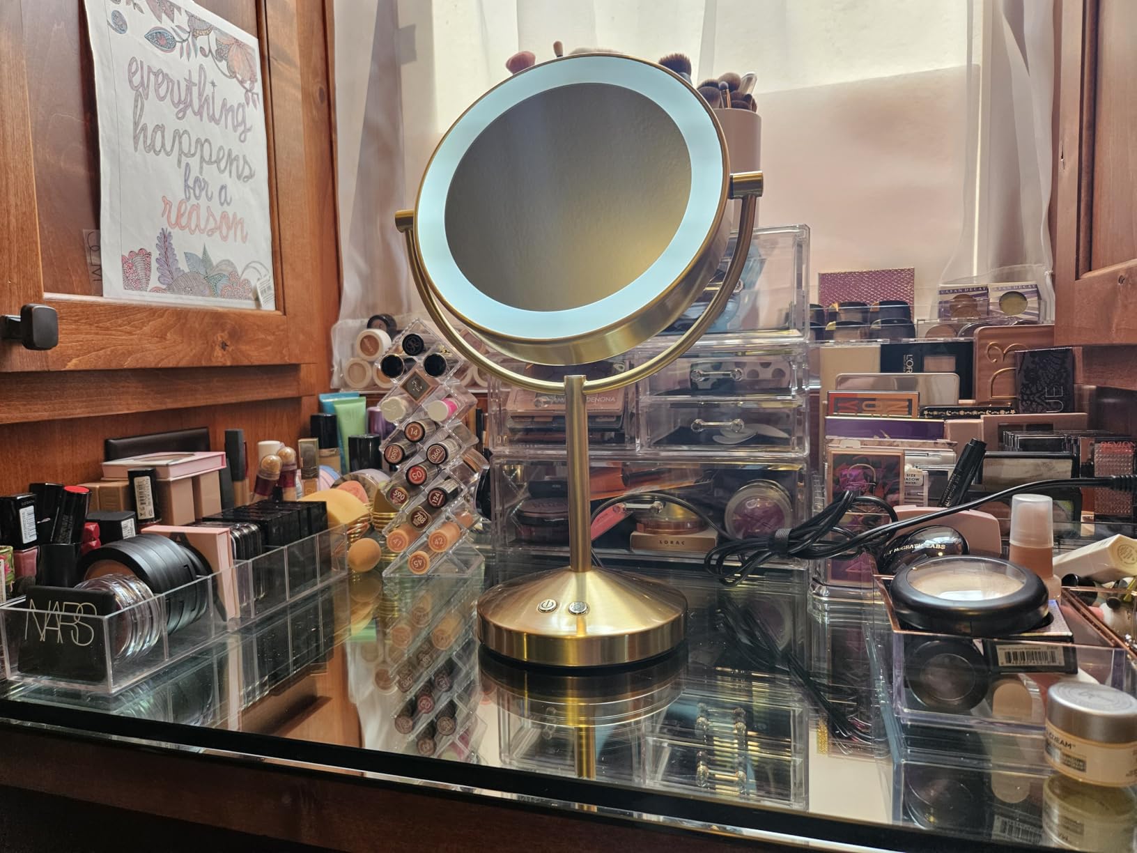 Conair LED Vanity Mirror, Double-Sided, 10x Magnification, Brushed Brass | Lighted makeup mirror with 3 color modes, 360° rotation, a satin nickel finish, a 5-foot power cord, and an 8.5