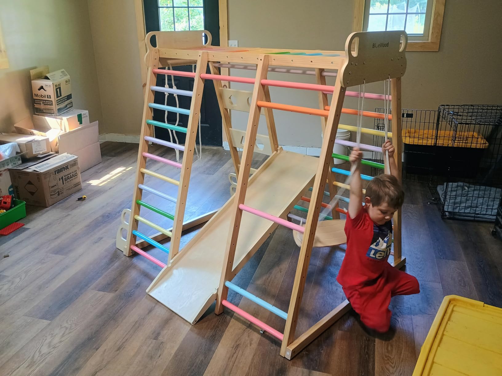 BlueWood Upgraded Indoor Jungle Gym 9-in-1 Playground Kids Climbing Toys | Waldorf Style Wooden Climber Playset with Slide, Swing, Monkey Bars, Upright/Rope Ladder, Climb Net, Rainbow customer photo 1