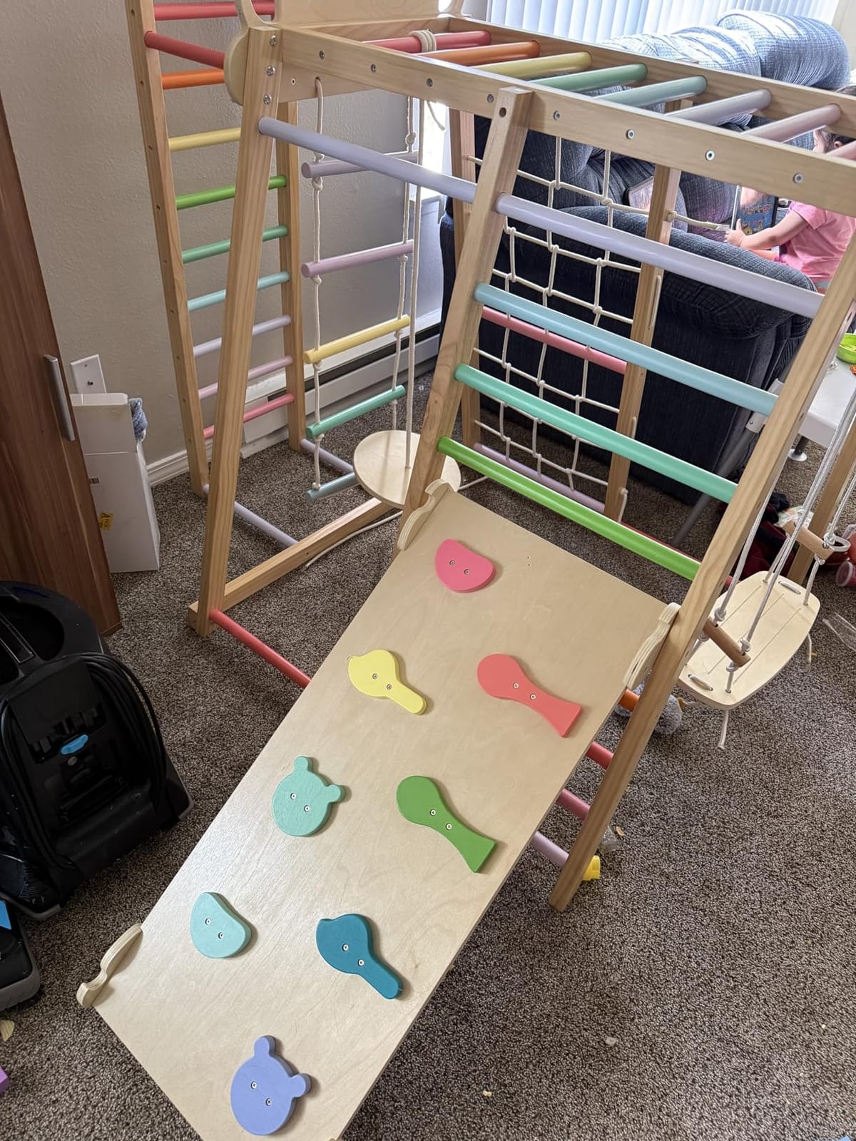 BlueWood Upgraded Indoor Jungle Gym 9-in-1 Playground Kids Climbing Toys | Waldorf Style Wooden Climber Playset with Slide, Swing, Monkey Bars, Upright/Rope Ladder, Climb Net, Rainbow customer photo 2
