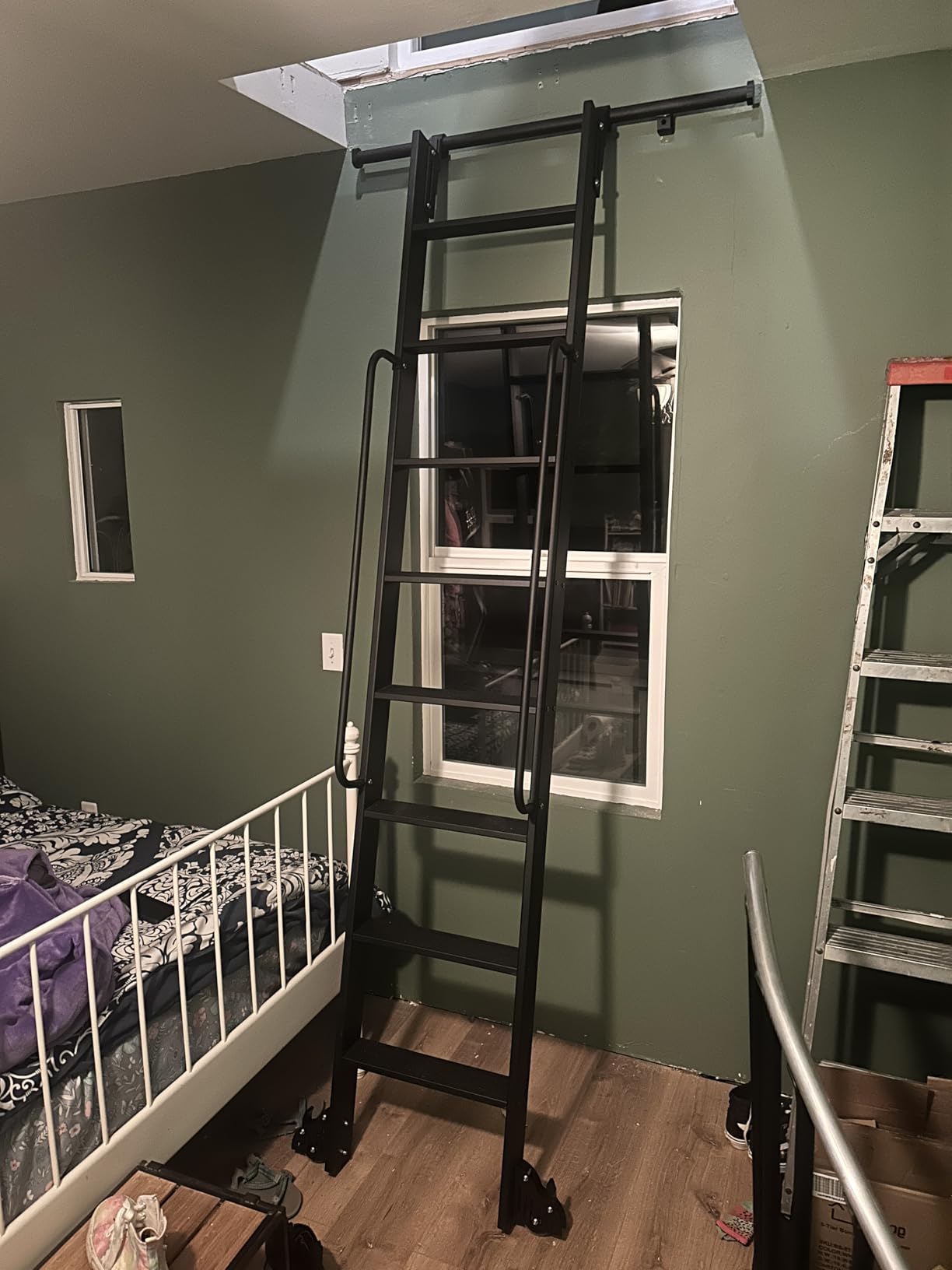8FT Telescopic Hook-on Sliding Library Ladder Hardware | Hook-on ladder lifts off the track for easy repositioning or storage, Brake bottom wheel, 300 lbs capacity customer photo 1