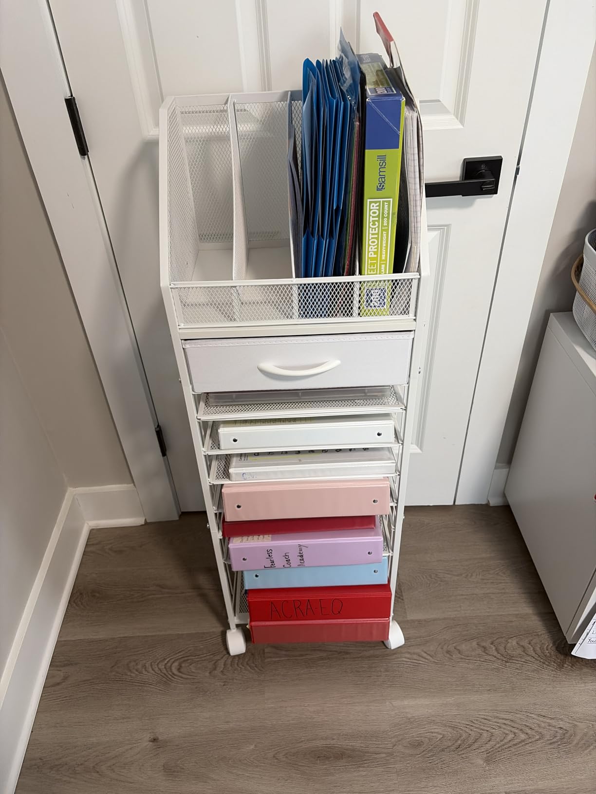 SWTYMIKI 9-Tier Rolling File Cart - Paper Organizer with Drawer and Trays, Wood Desk Office Organizer, Office Organization and Binder Storage for Workspace, Home, School, Espresso customer photo 1