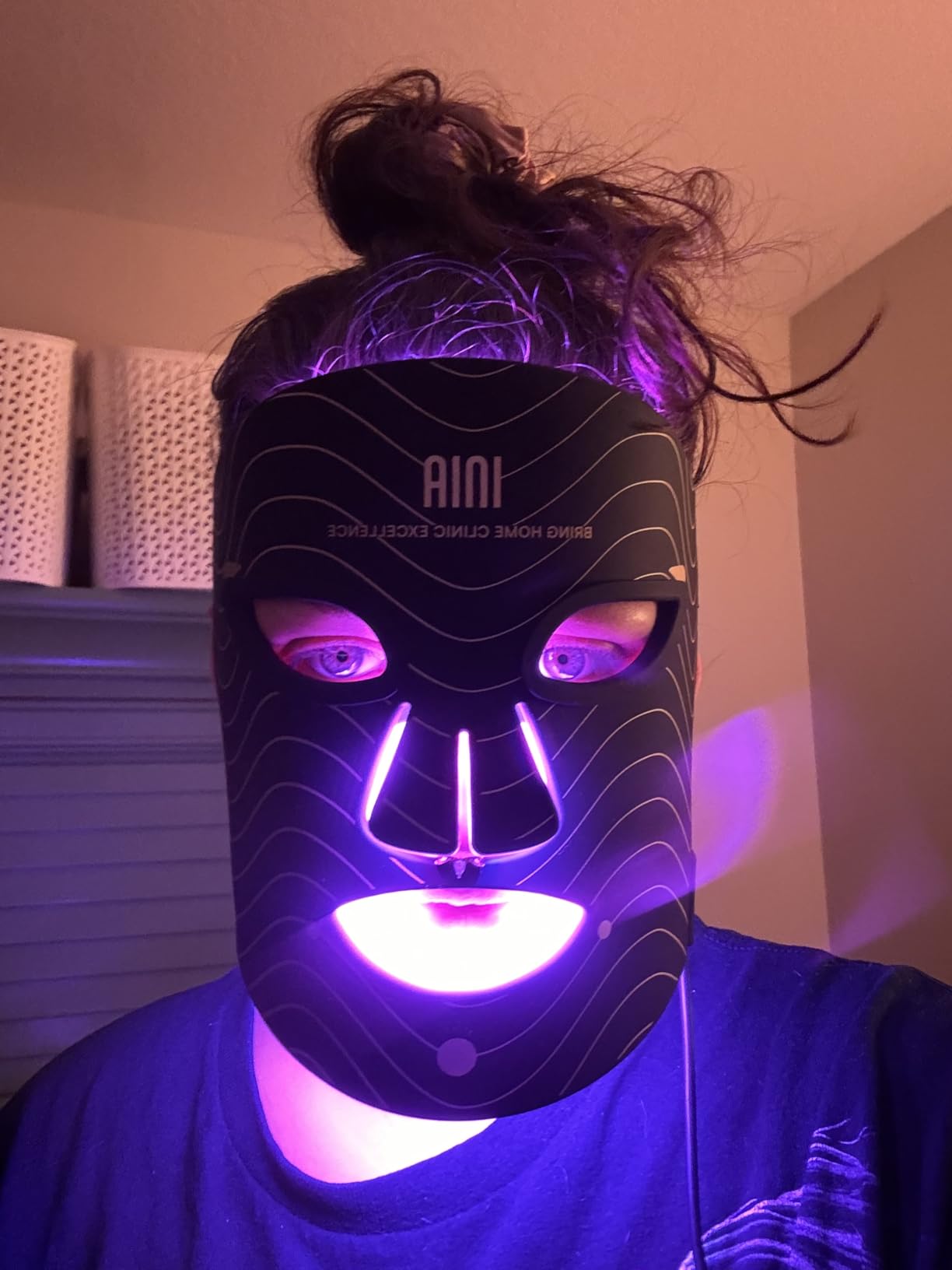 INIA Red Light Therapy Mask for Face, Neck & Chest, 850nm NIR, 4 Modes | 4-Week Visible Results, High Coverage, Red Blue Yellow Lights, 105mW/cm², 228 LEDs, 2600mAh Rechargeable, Adjustable Timer customer photo 2