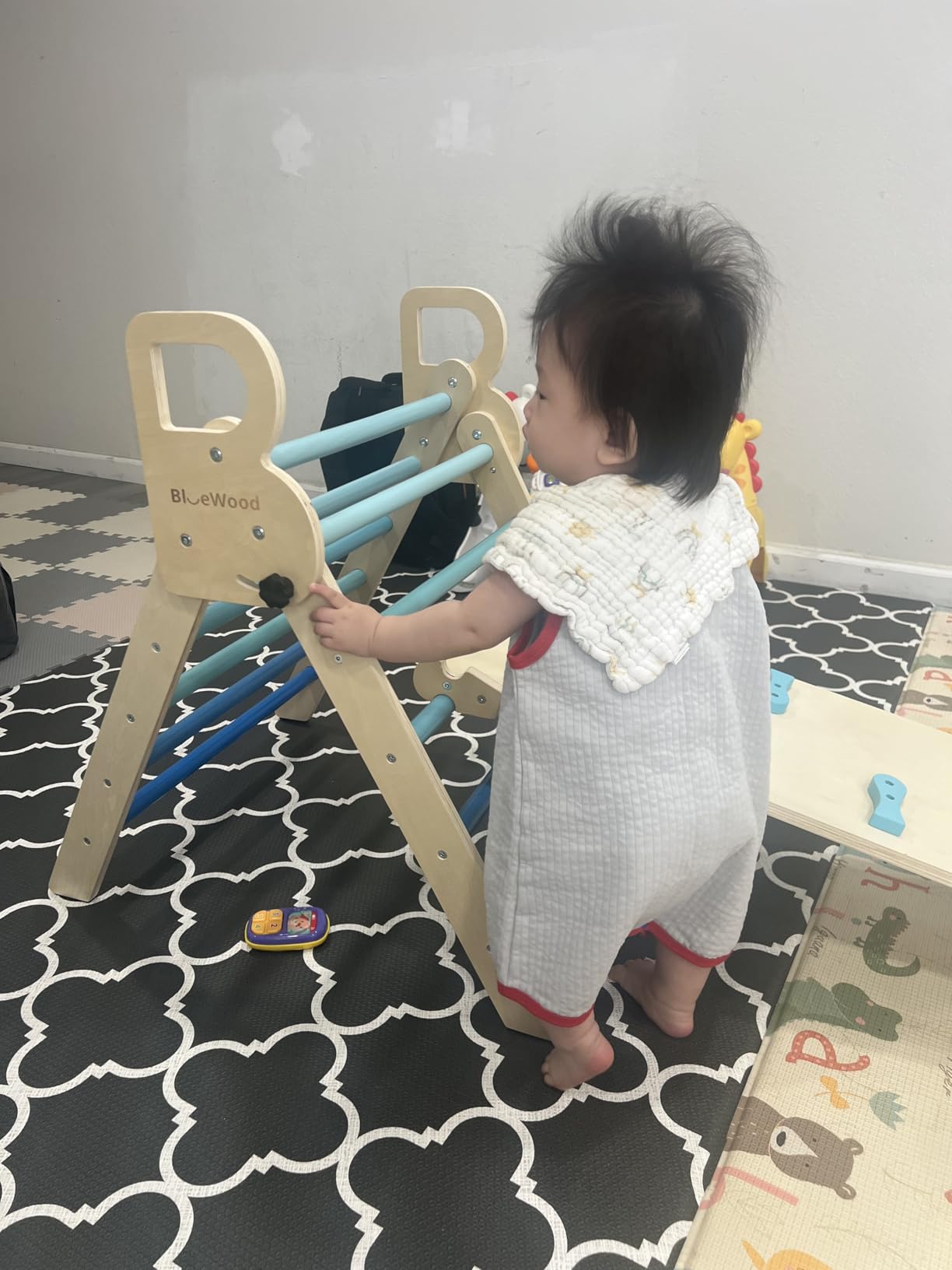BlueWood Pikler Triangle Set with Cushion, Wooden Climbing Toys for Toddler | Foldable 9-in-1 Montessori Philosophy Toddler Climbing Toys Indoor with Reversible Ramp, Arch and Ladder - Rainbow customer photo 1