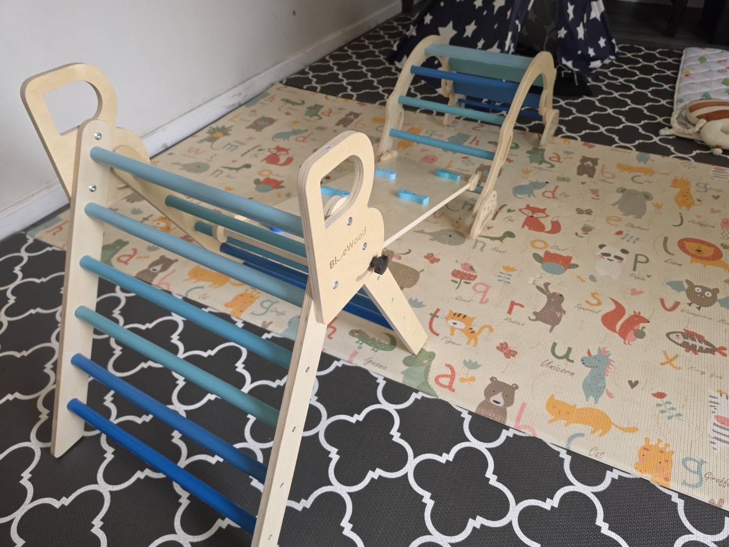 BlueWood Pikler Triangle Set with Cushion, Wooden Climbing Toys for Toddler | Foldable 9-in-1 Montessori Philosophy Toddler Climbing Toys Indoor with Reversible Ramp, Arch and Ladder - Rainbow customer photo 2