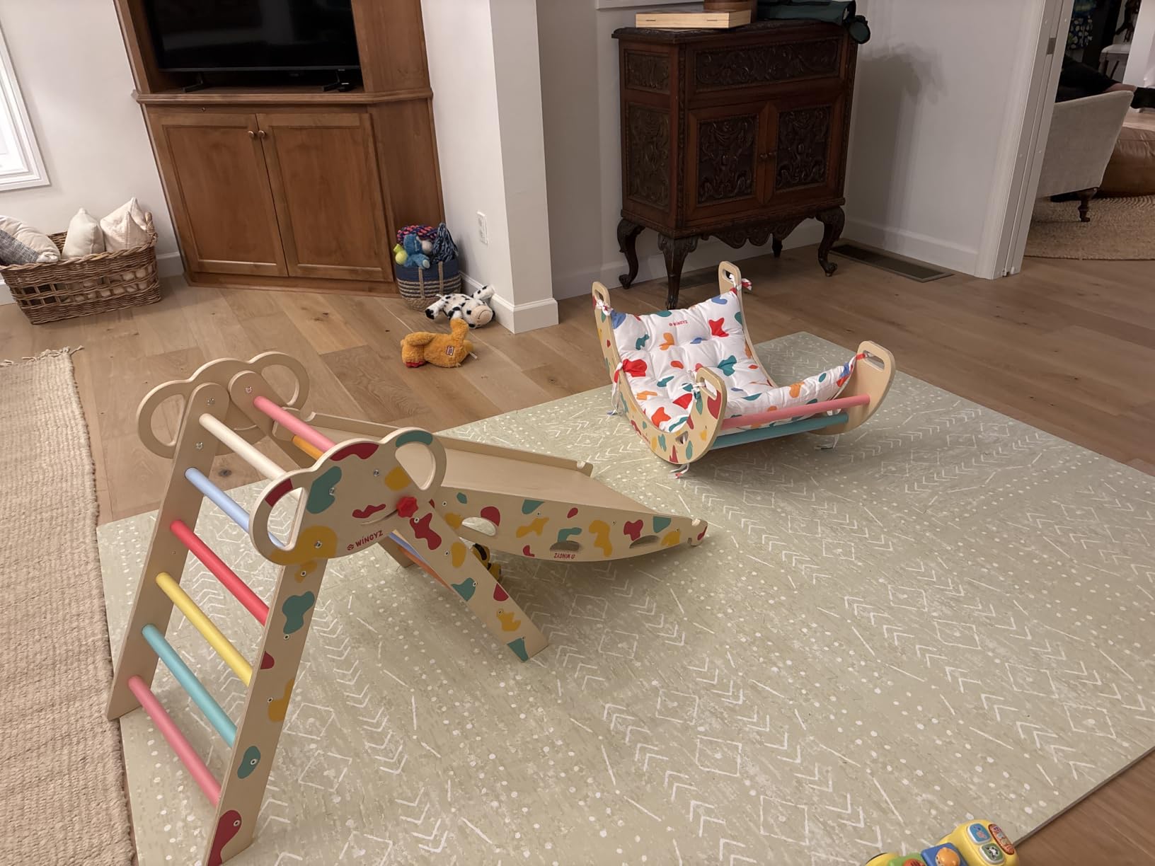 Pikler Triangle Set, Montessori 8-in-1 Climbing Set with Cushion | Wood Jungle Gym for 18M-5Y, Foldable, Reversible Animal Slide, Patent-Protected, 2.35in Gap, ASTM F963, Wood customer photo 2