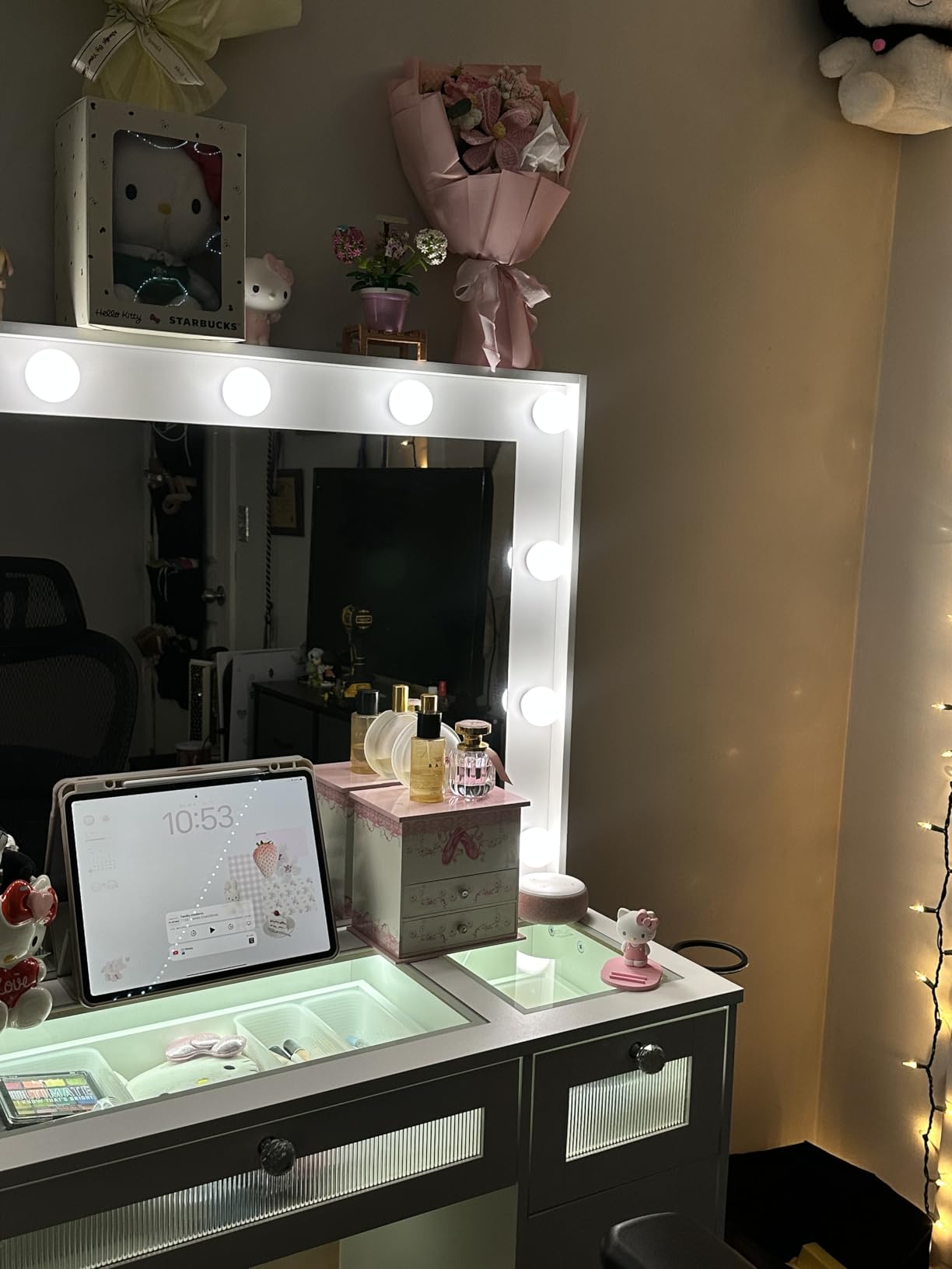 IFSEB Makeup Vanity Desk with Lights, White Vanity Glass Top, 36.9'' Mirror | 9 Drawers, 3 Color Bulbs, RGB Lighting, Charging Station, 10X Magnifying Mirror, Crystal Knobs, Hair Dryer Rack, Fir Wood customer photo 1