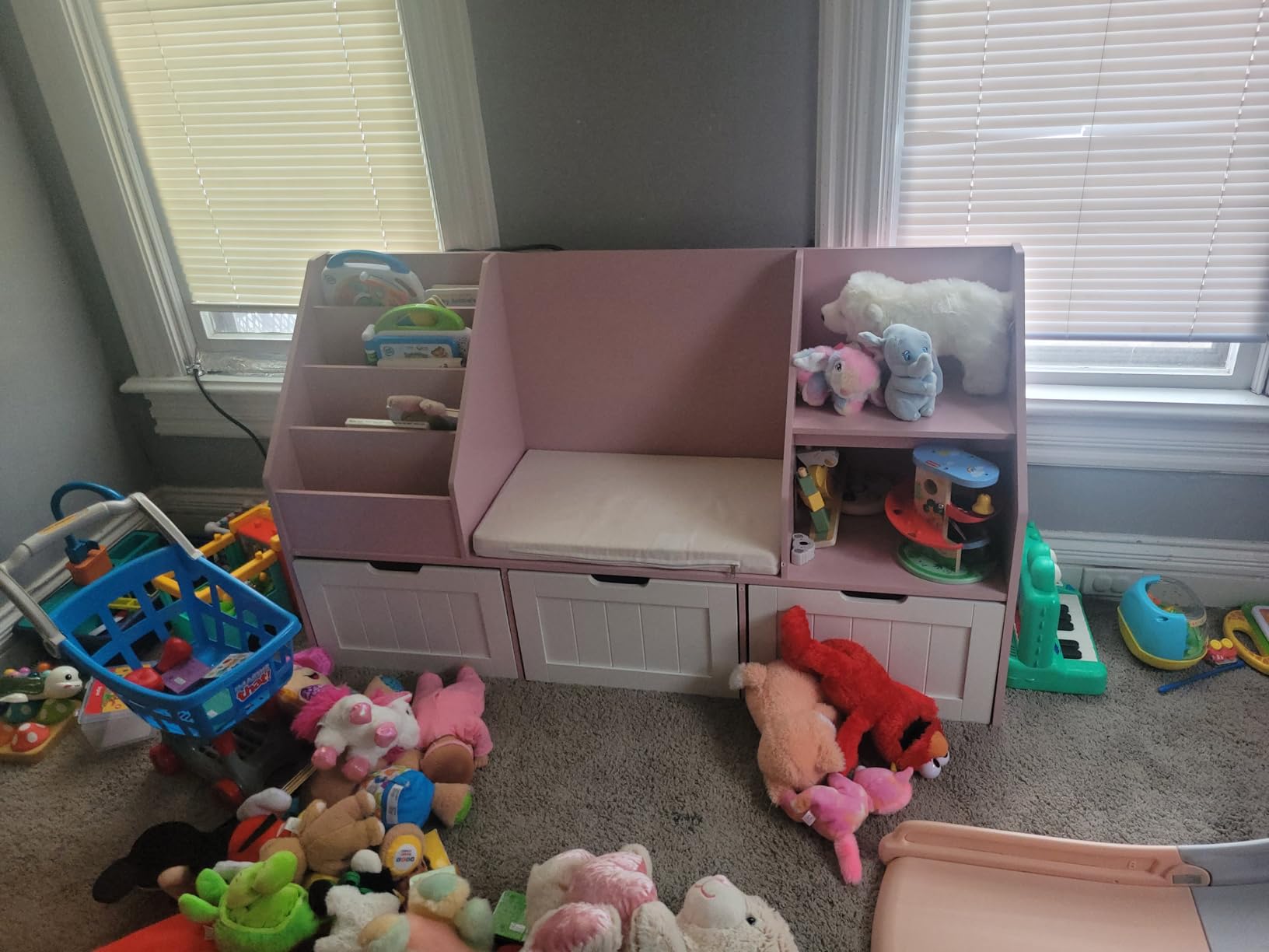 FOTOSOK Kids Bookshelf with Reading Nook, Toy Storage with Seat Cushion | 55.1'' Toy Storage Organizer with 3 Movable Drawers, Kids Reading Nook with Bench for Playroom, Bedroom, Green customer photo 2