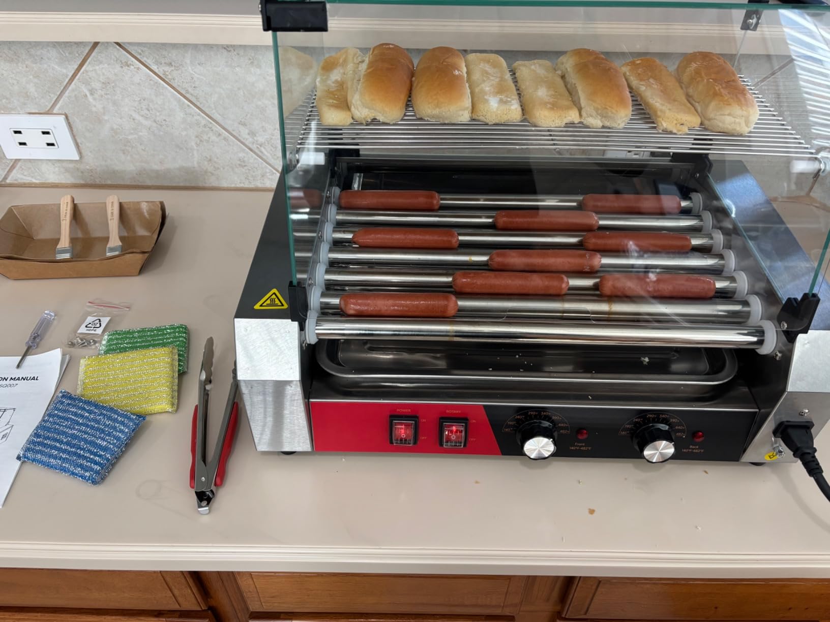 FOHERE Hot Dog Roller 11 Rollers 30 Hot Dogs Capacity, 1650W Stainless Steel Hot Dog Machine with Bun Warmer Shelf, Dual Temp Control, Glass Cover, Removable Tray for Commercial and Party customer photo 1