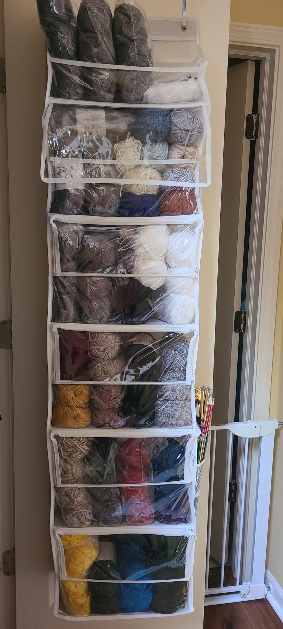 Yecaye Hanging Yarn Storage Organizer with 6 Zippered Closure Compartments, Heavy Duty Stuffed Animal Storage with Clear PVC, Dustproof Yarn Holder for Crocheting Storage, Pearl White 6 Tier customer photo 2