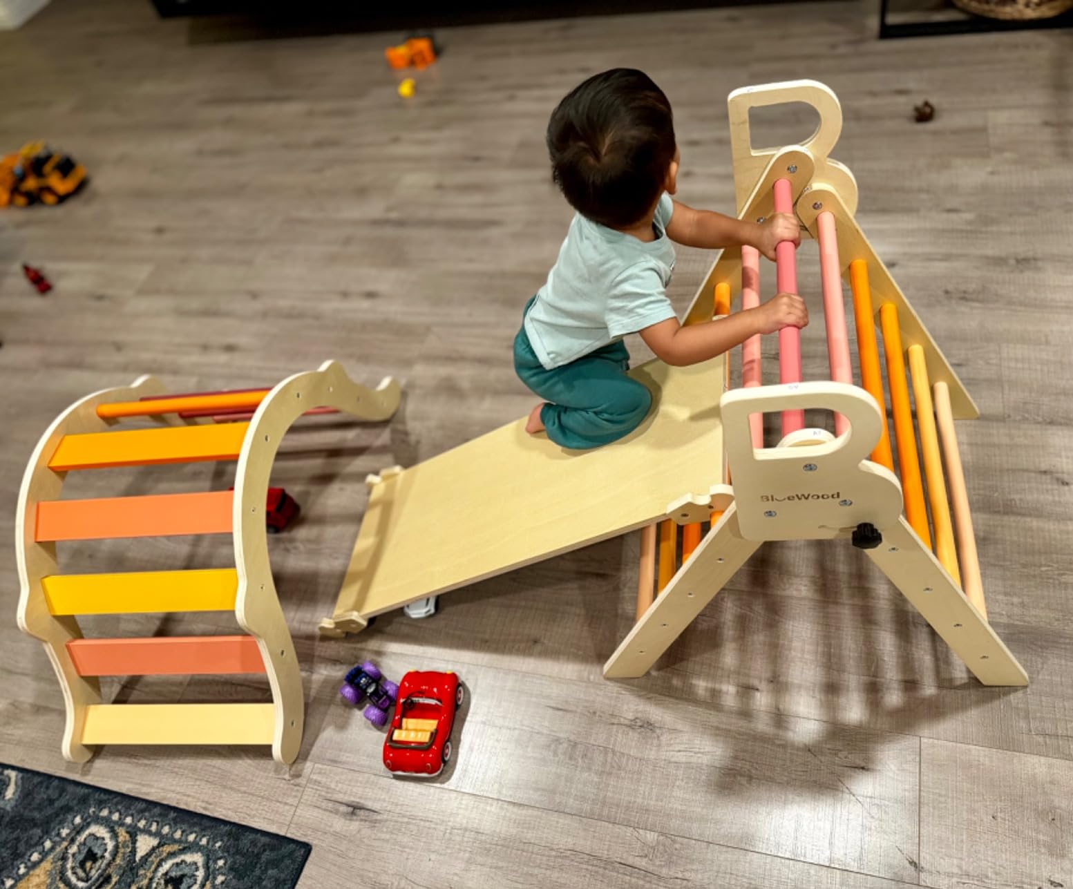 BlueWood Pikler Triangle Set, Toddler Climbing Toys Indoor 7in1 Foldable | Wooden Climber for Kids, Montessori Philosophy Play Jungle Gym with Arch, Ramp, Ladder (Colorful Spring) customer photo 2
