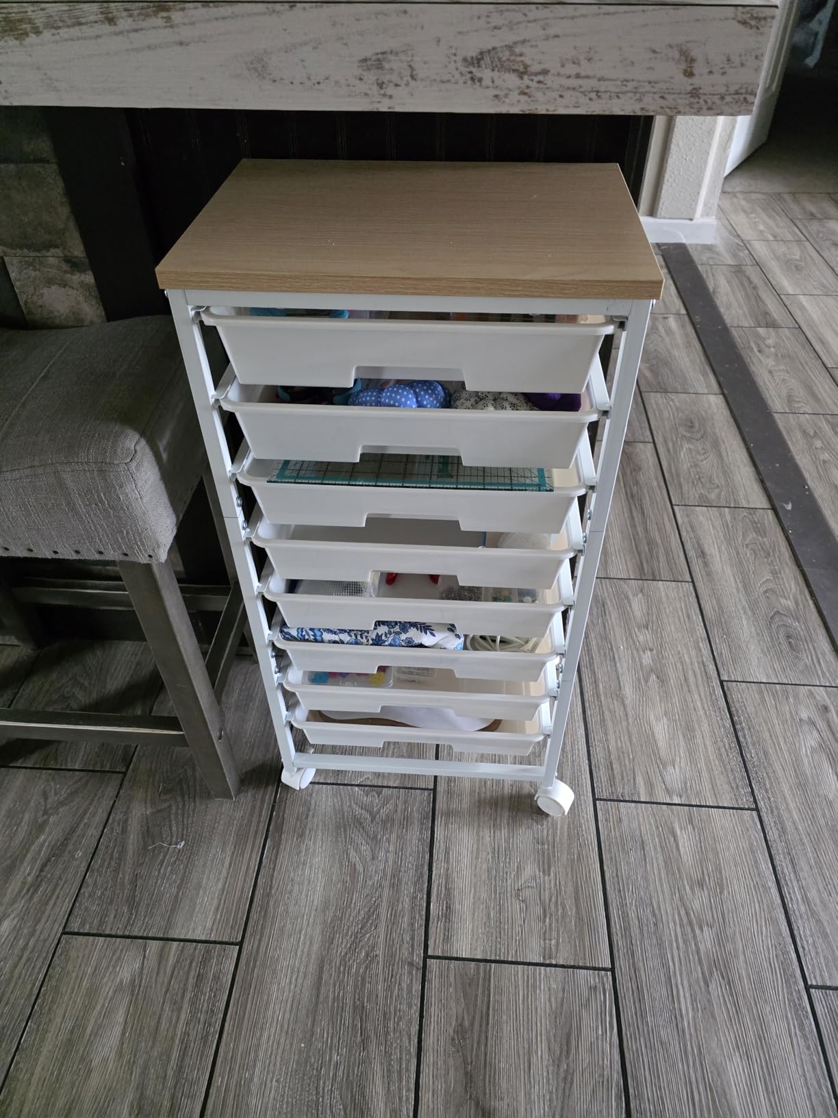 LEHOM Rolling Storage Cart with 8 Drawers, Utility Cart on Lockable Wheels, Metal Frame and Wooden Tabletop for Living Room Bedroom Dorm, Office Storage & Art Supply Craft Organizer for Classroom, White customer photo 2