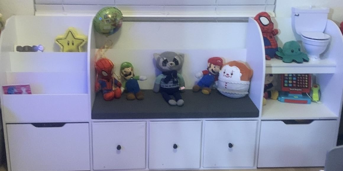FOTOSOK Kids Bookshelf with Reading Nook, Toy Organizer with Seat Cushion | 71'' Kids Bookshelf with 2 Movable Drawers and 3 Fabric Toy Chests, Kids Reading Nook with Bench for Playroom, Green customer photo 1